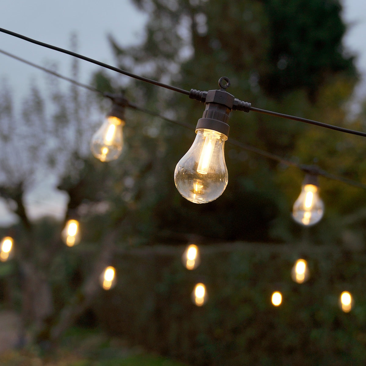 Connectable Festoon Lights with A60 Filament Effect Bulbs on Black Rubber Cable