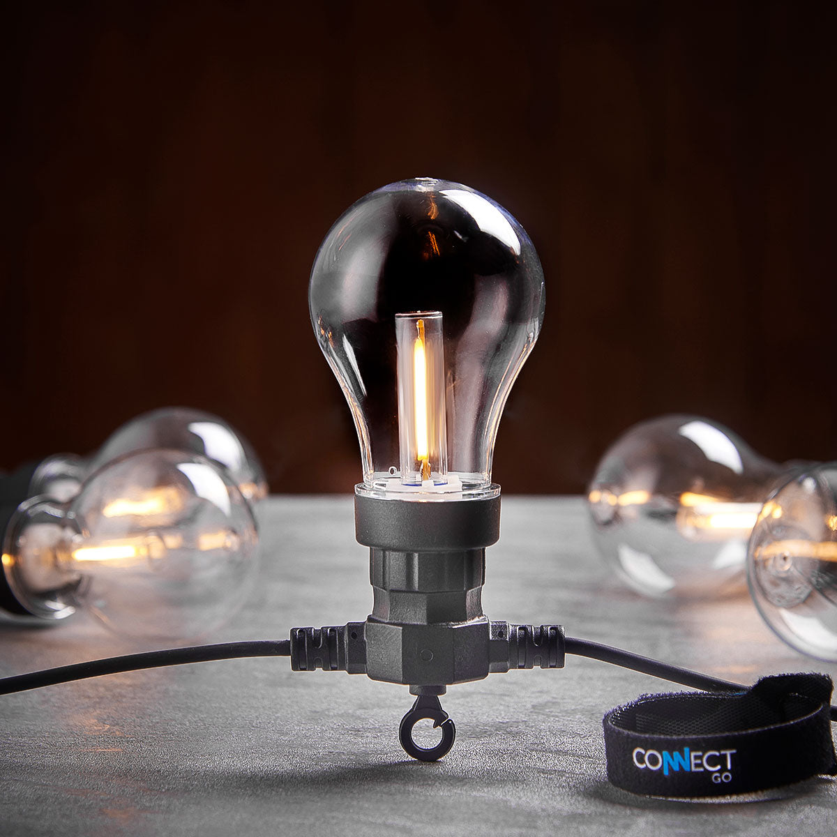 Connectable Festoon Lights with A60 Filament Effect Bulbs on Black Rubber Cable