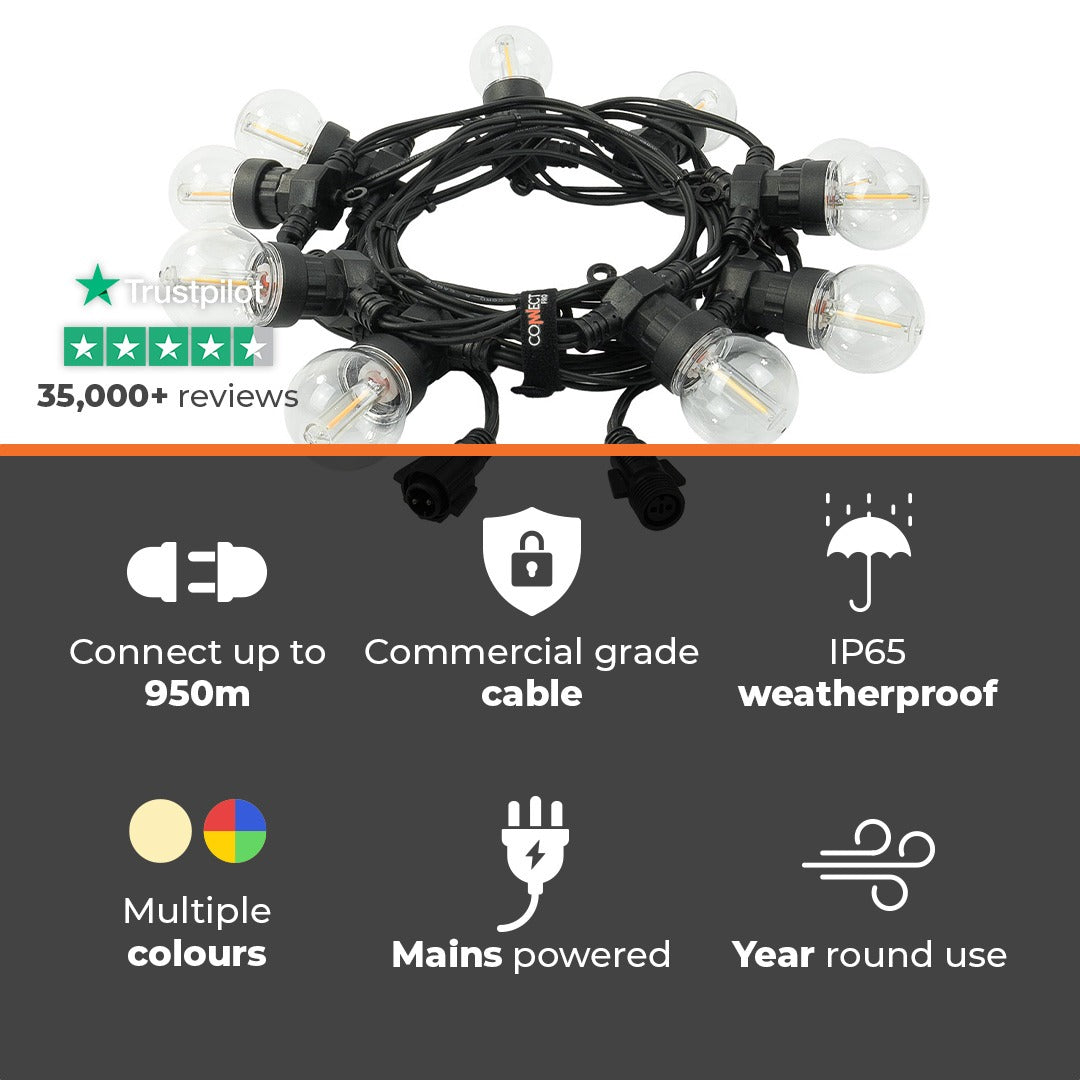 Connectable Festoon Lights with G50 Filament Effect Bulbs on Black Rubber Cable