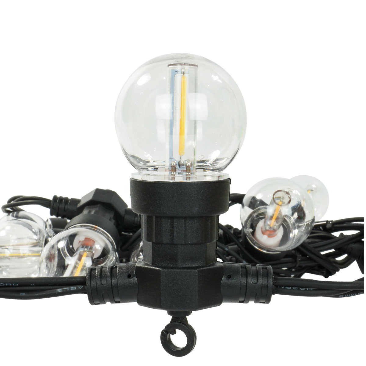 Connectable Festoon Lights with G50 Filament Effect Bulbs on Black Rubber Cable