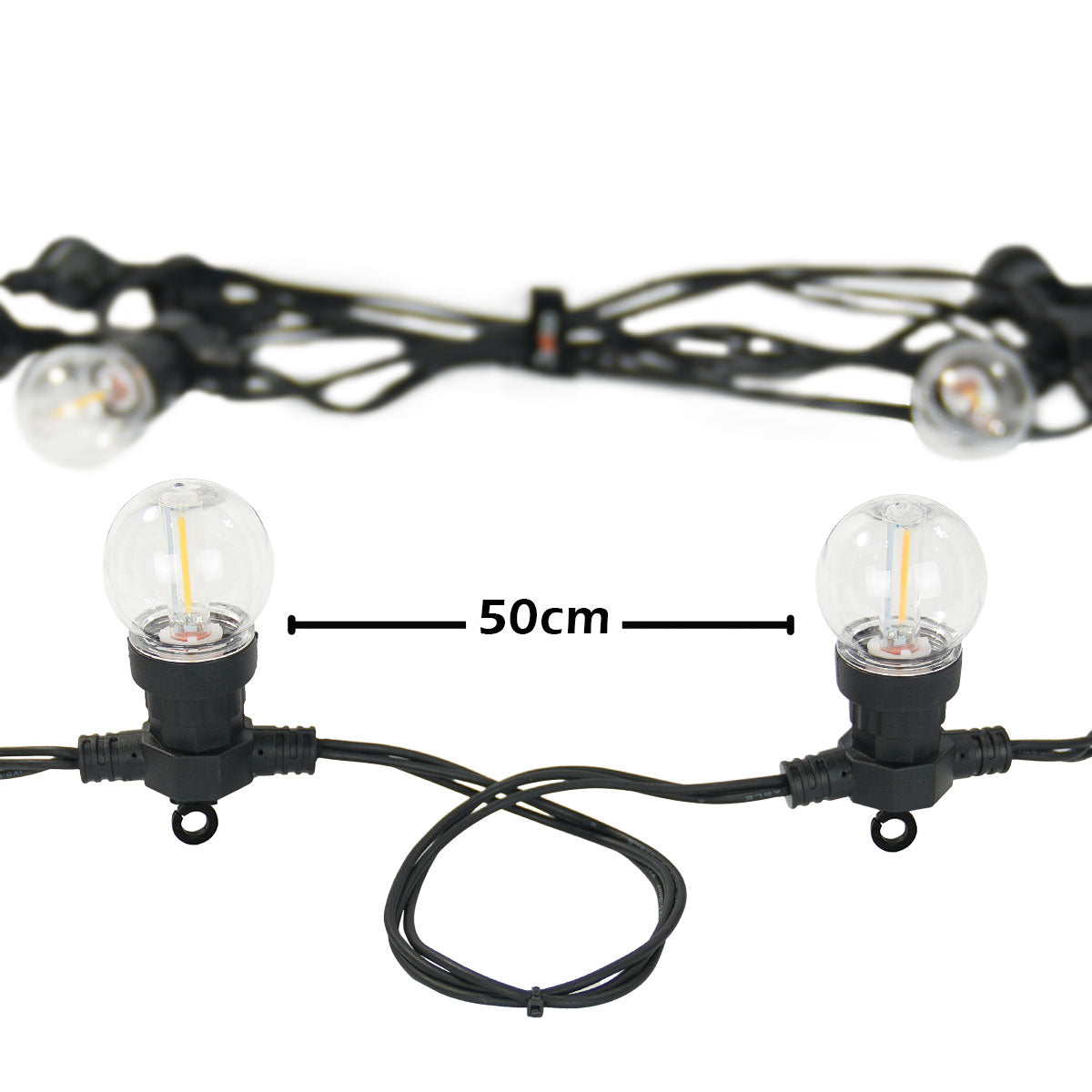 Connectable Festoon Lights with G50 Filament Effect Bulbs on Black Rubber Cable
