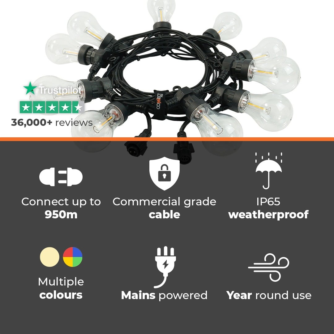 Connectable Festoon Lights with A60 Filament Effect Bulbs on Black Rubber Cable