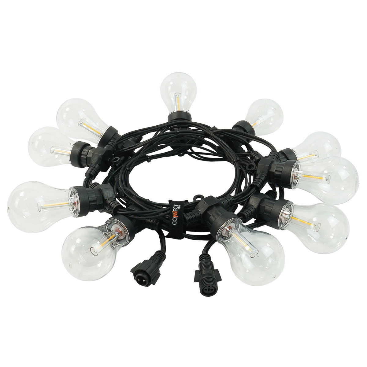 Connectable Festoon Lights with A60 Filament Effect Bulbs on Black Rubber Cable