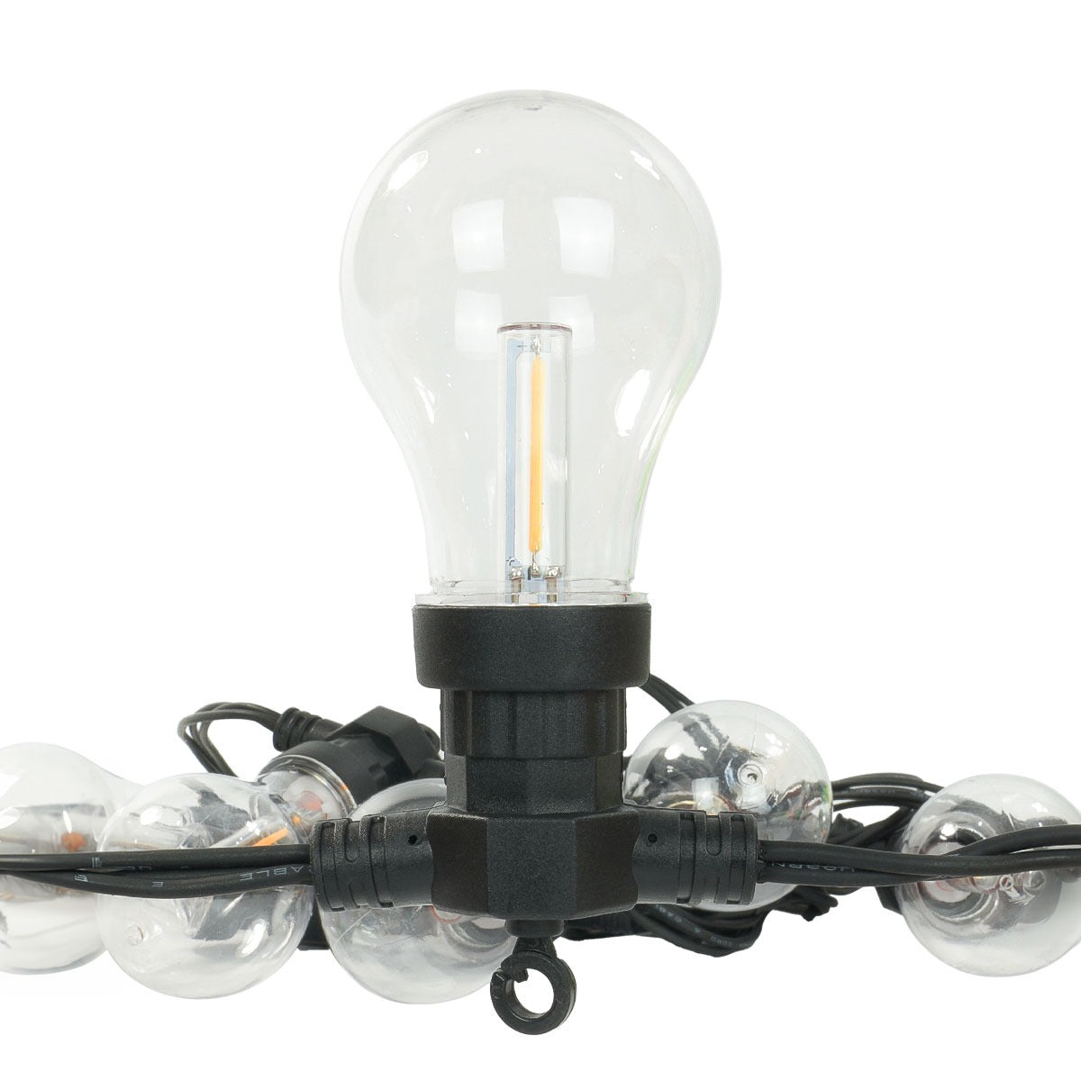 Connectable Festoon Lights with A60 Filament Effect Bulbs on Black Rubber Cable