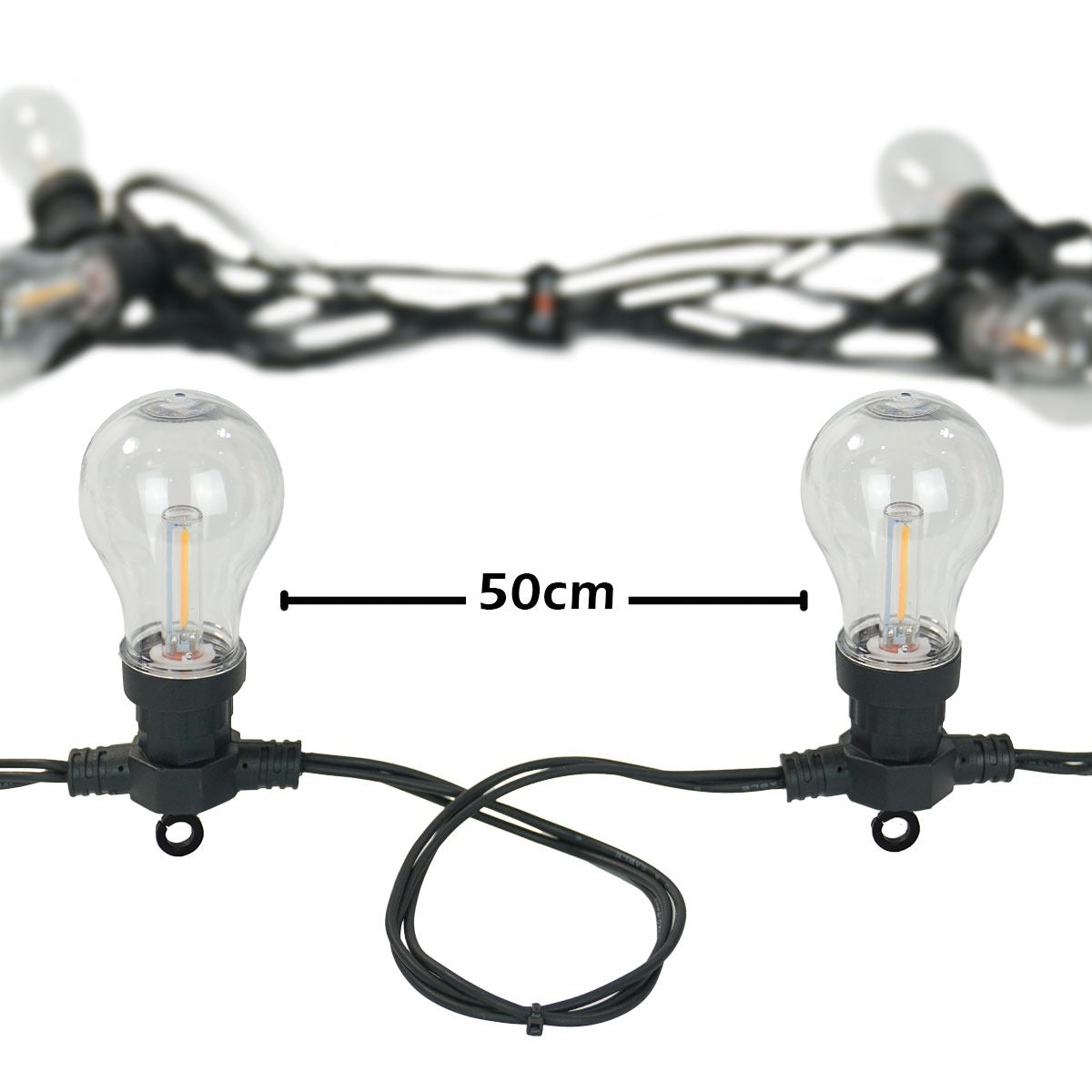 Connectable Festoon Lights with A60 Filament Effect Bulbs on Black Rubber Cable
