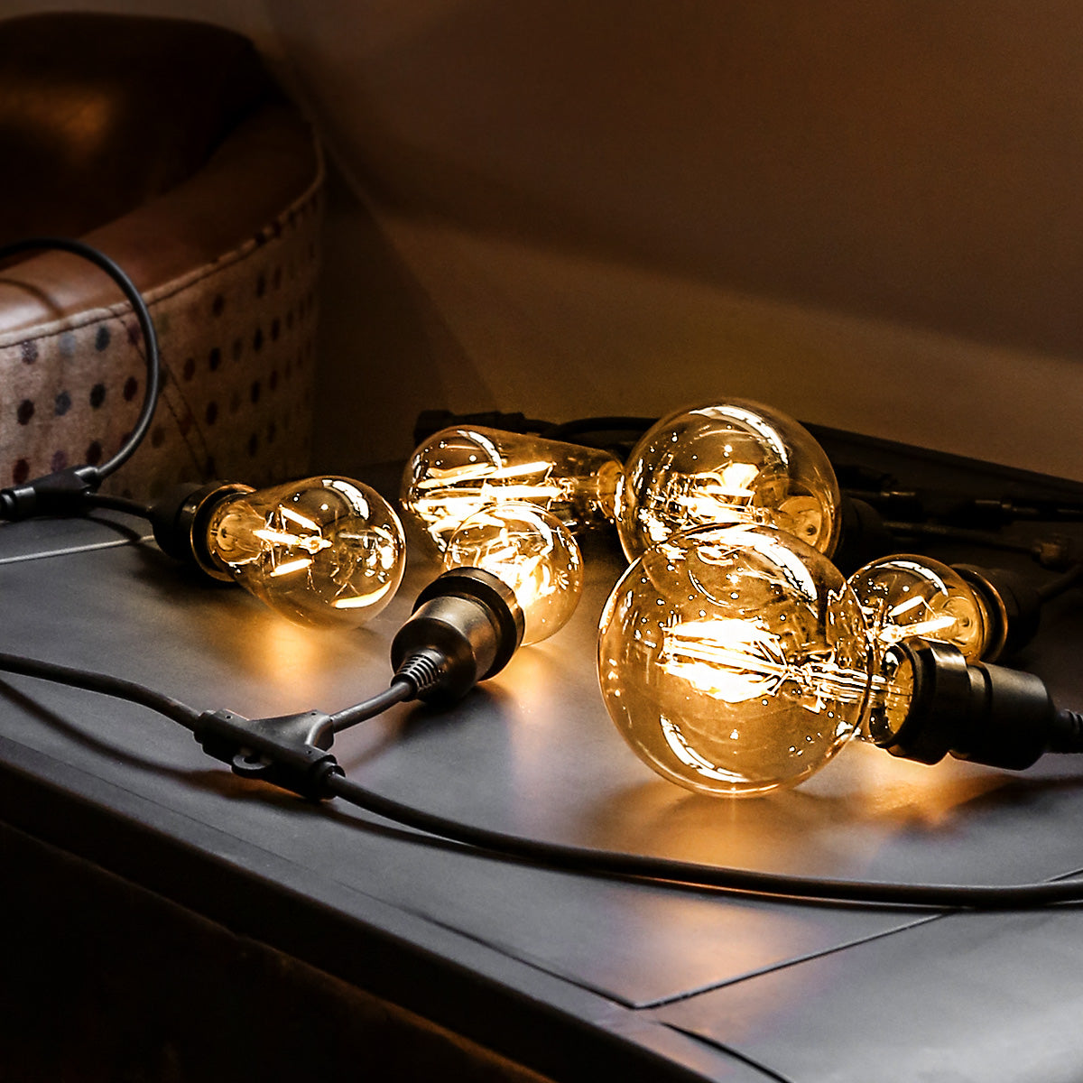 FestoonPro® 10m Long Drop Festoon Belt with 10 Vintage LED Filament Style Bulbs, Connectable
