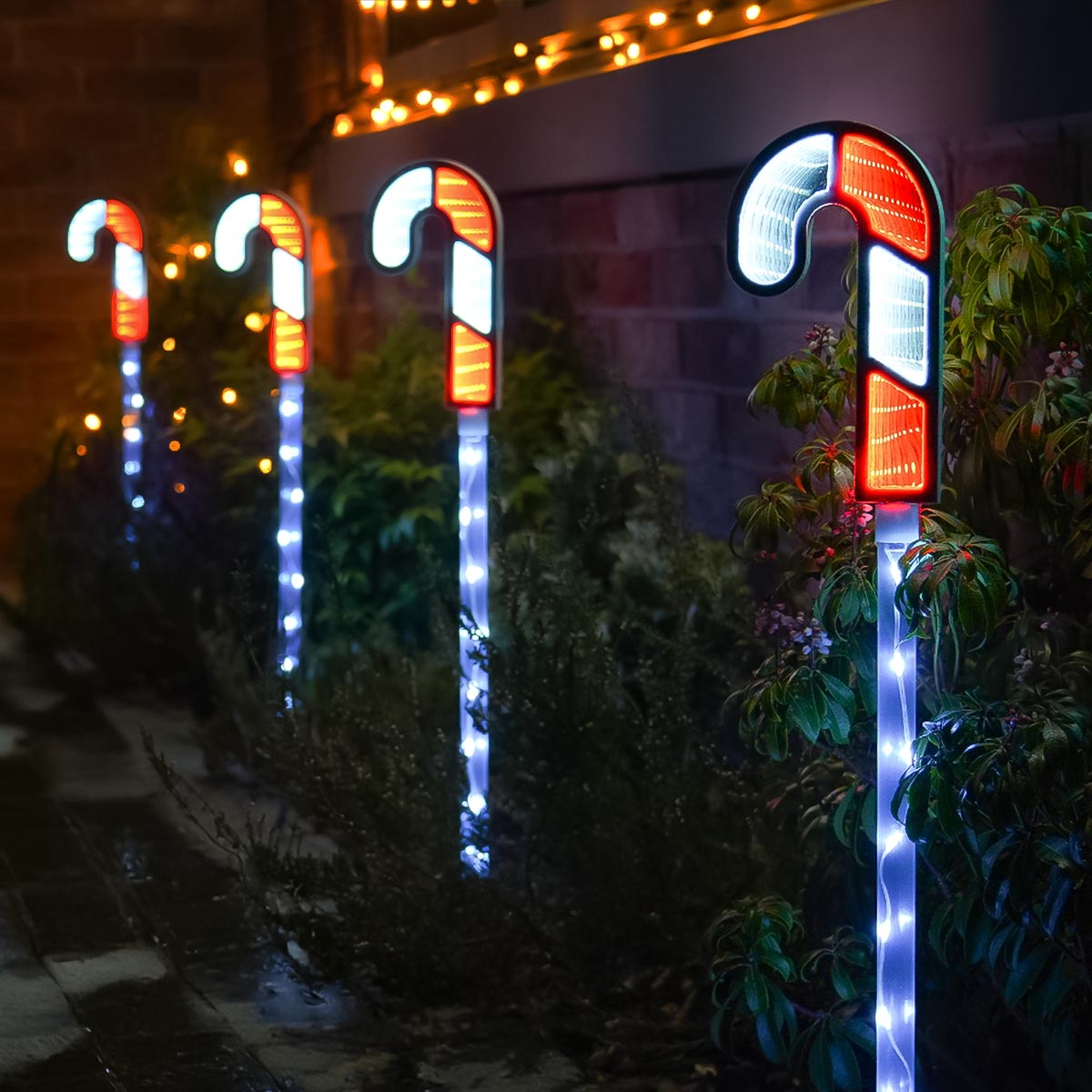 4 Outdoor Candy Cane Infinity Mirror Christmas Light Stakes 70cm