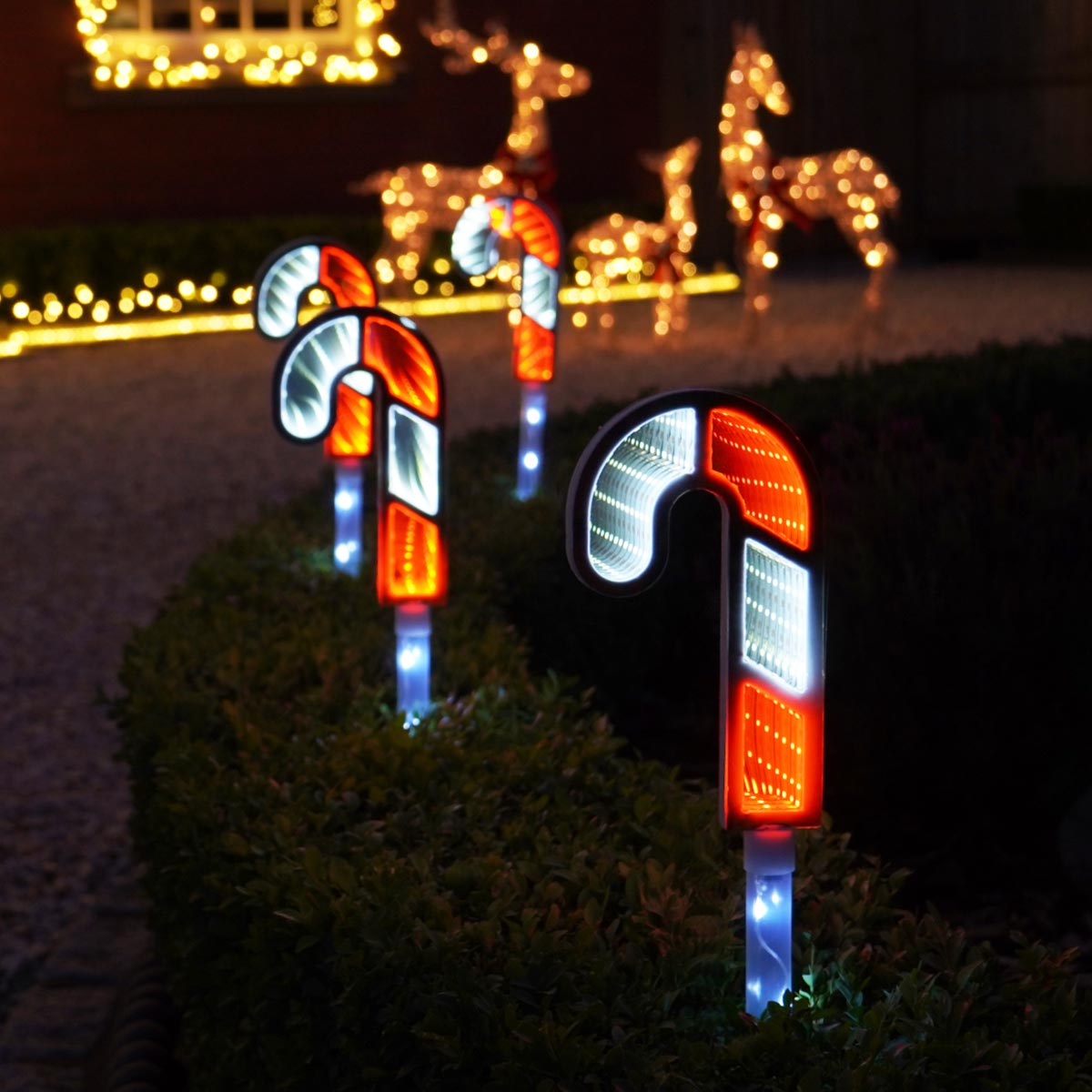 4 Outdoor Candy Cane Infinity Mirror Christmas Light Stakes 70cm
