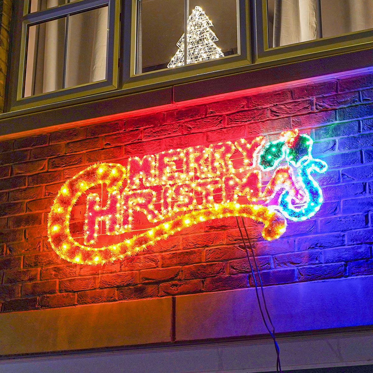 1.45m Outdoor Merry Christmas Tinsel Silhouette, 85 Multi Colour LEDs