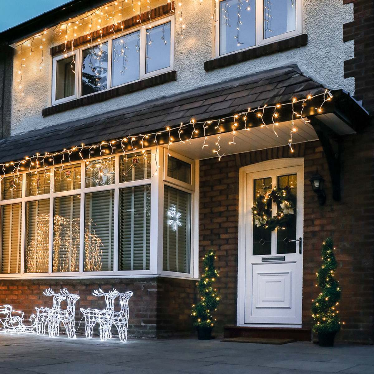 Colour Changing LED Icicle Lights, Connectable, White Cable