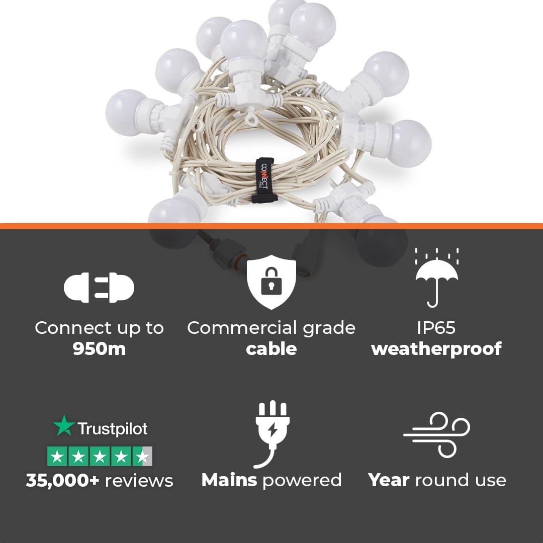Connectable Festoon Lights with Frosted Bulbs on White Rubber Cable