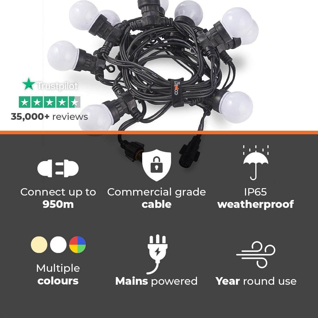 Connectable Festoon Lights with Frosted Bulbs on Black Rubber Cable