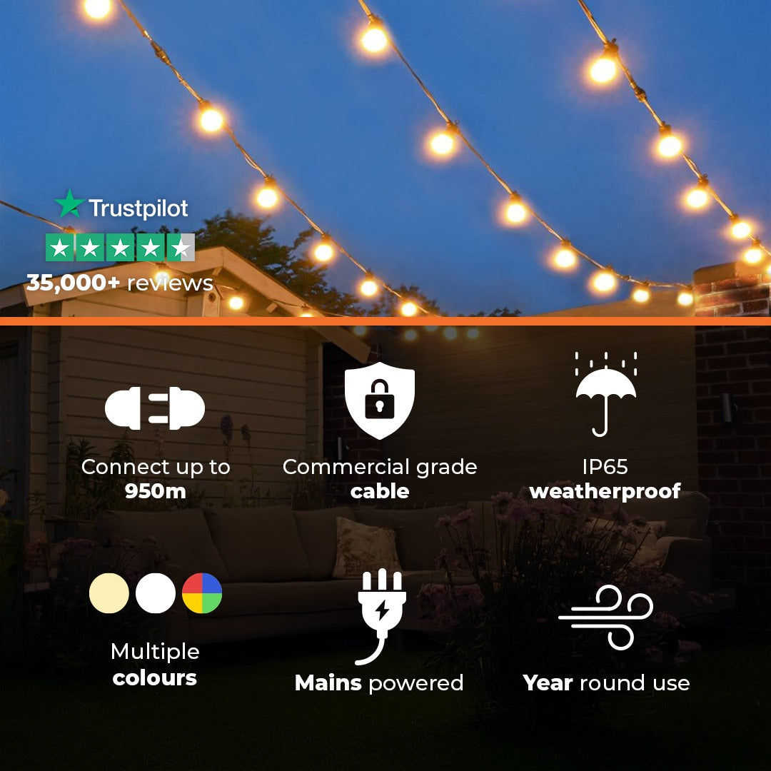 Connectable Festoon Lights with Frosted Bulbs on Black Rubber Cable