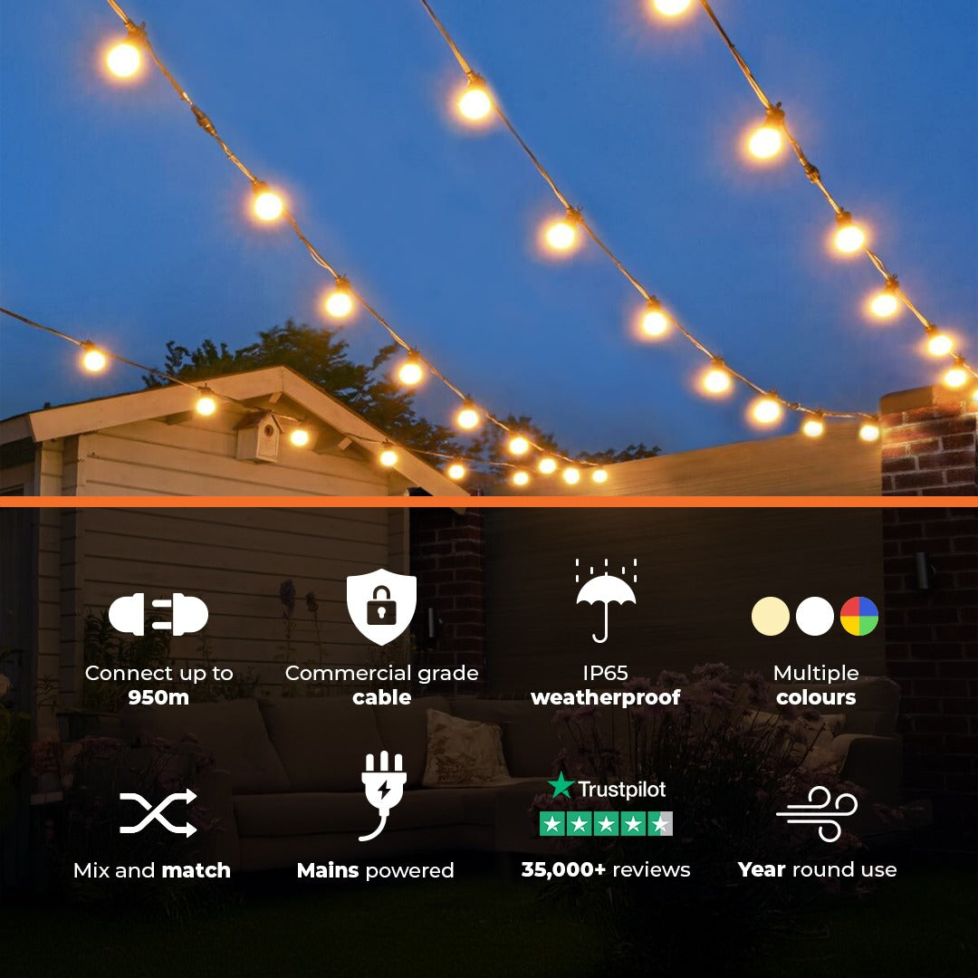 Connectable Festoon Lights with Frosted Bulbs on Black Rubber Cable