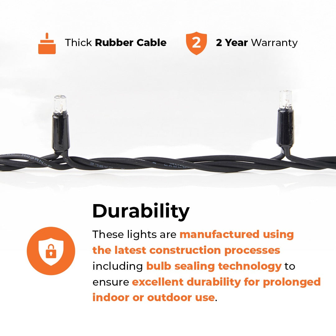 ConnectPro® Outdoor String Lights, Warm White with White Flash LED, Black Rubber Cable