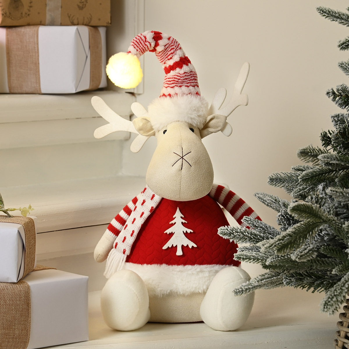 40cm Battery LED Sitting Reindeer Wearing Red Jumper