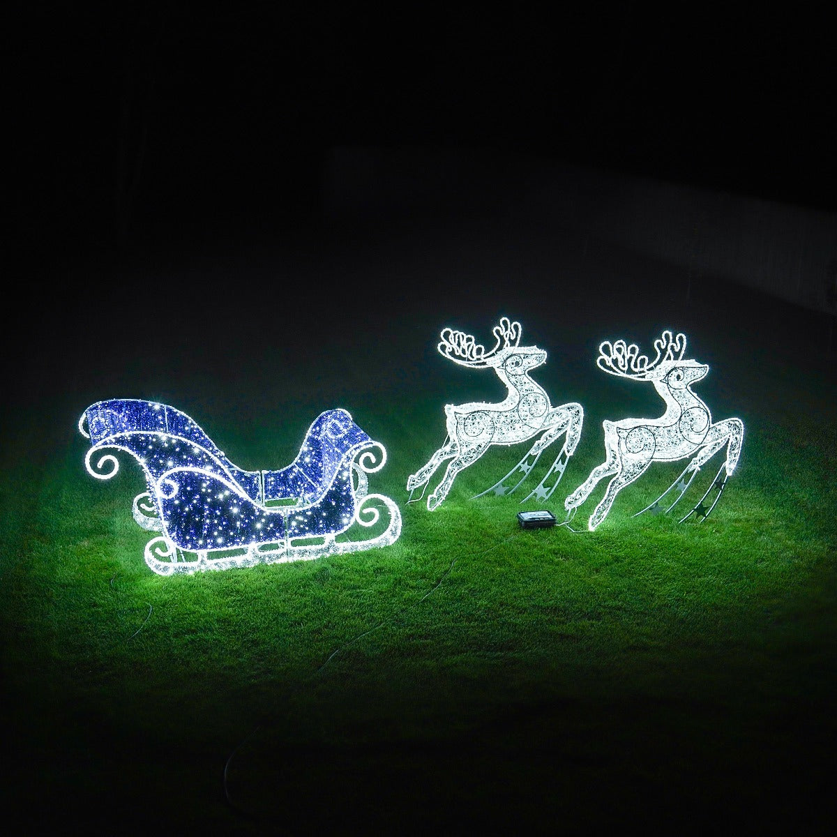 Life-Size Outdoor Reindeer and Sleigh Christmas Figure Blue & White Flashing LED Motif