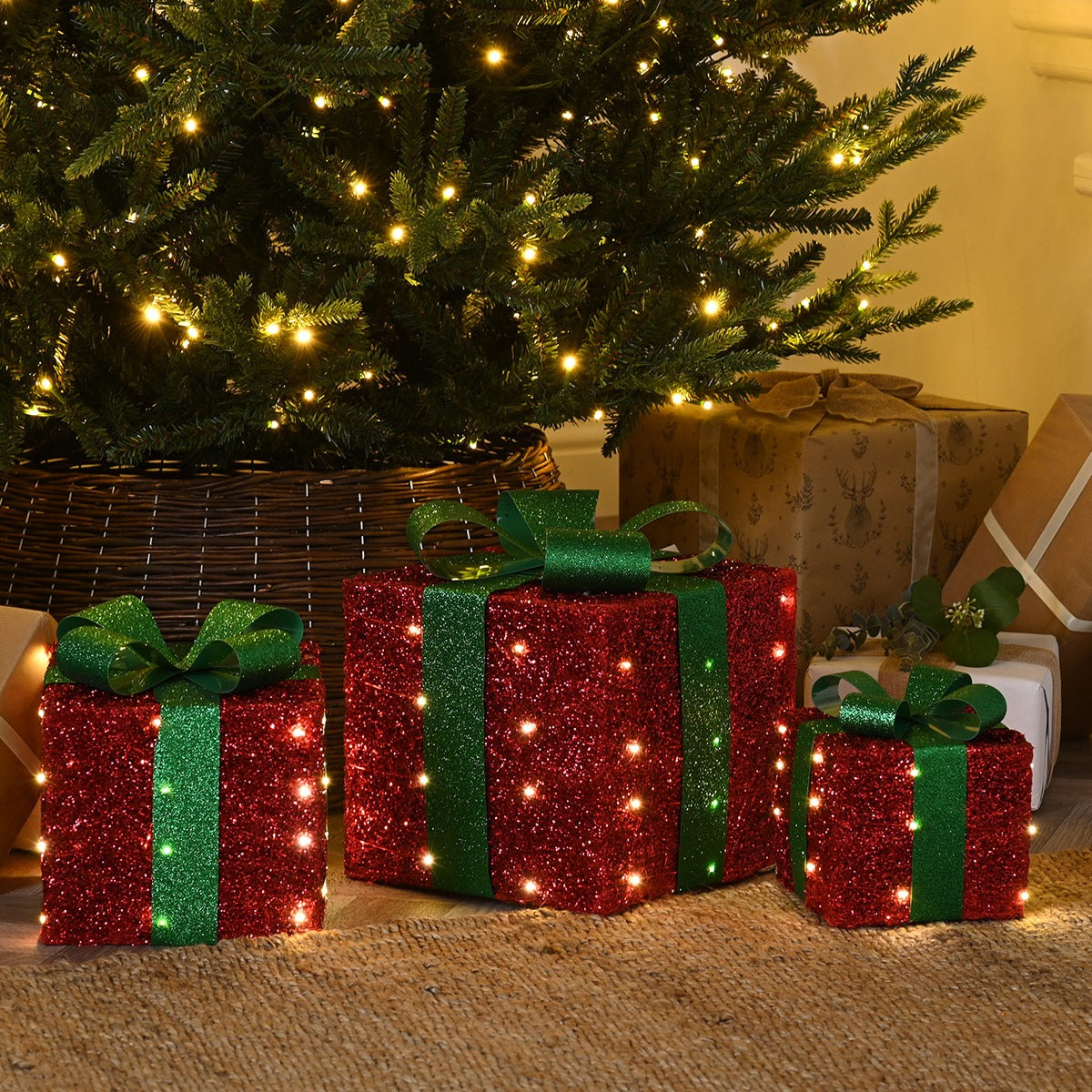 Set of 3 Battery LED Christmas Presents Red