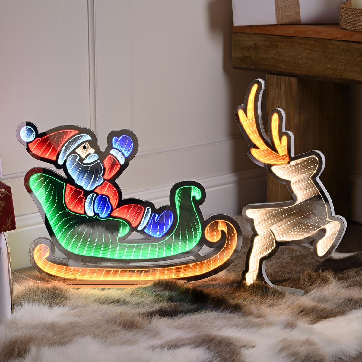 60cm Infinity Christmas Light Santa Sleigh and Reindeer