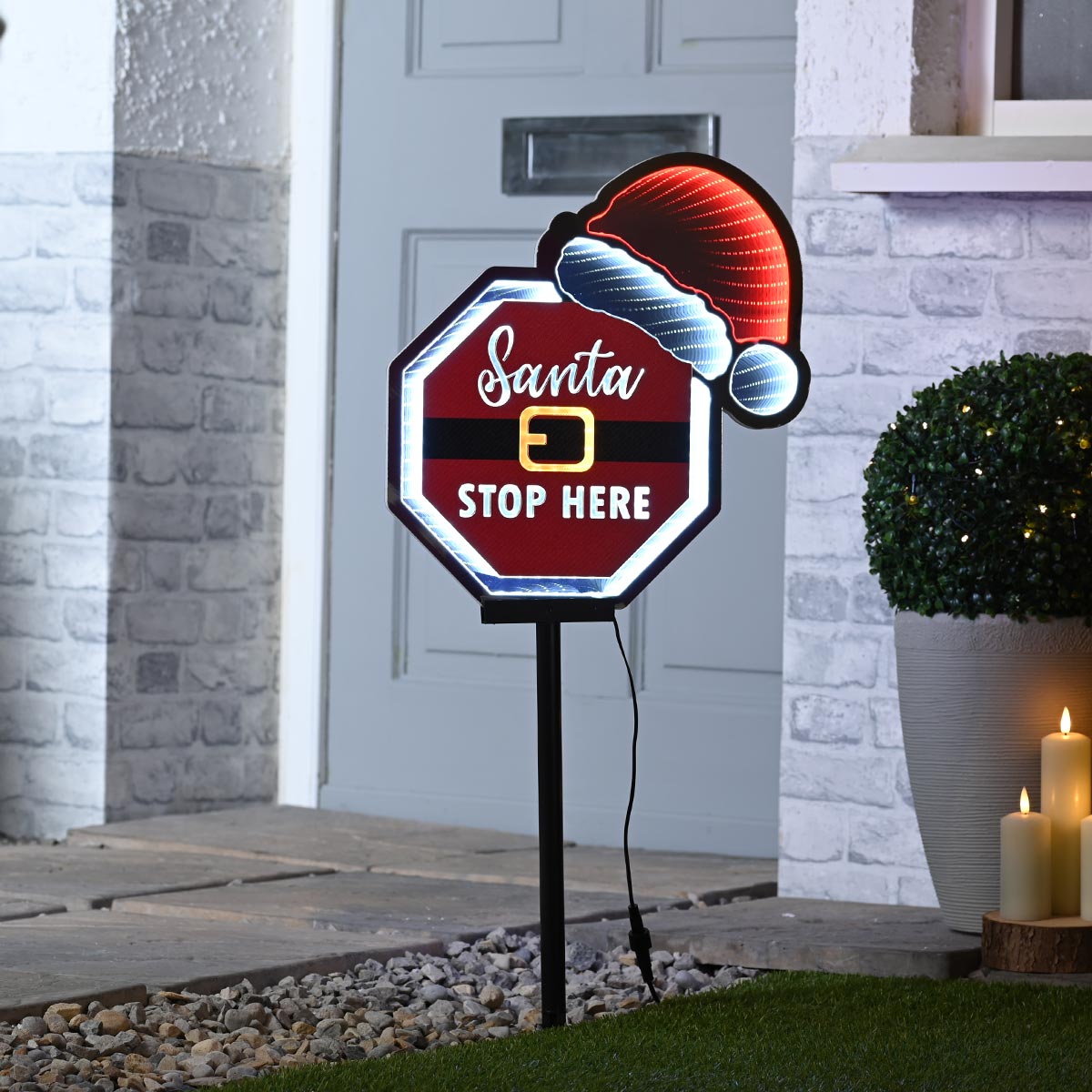 40cm Infinity Mirror 'SANTA STOP HERE' Sign Outdoor Christmas Decoration