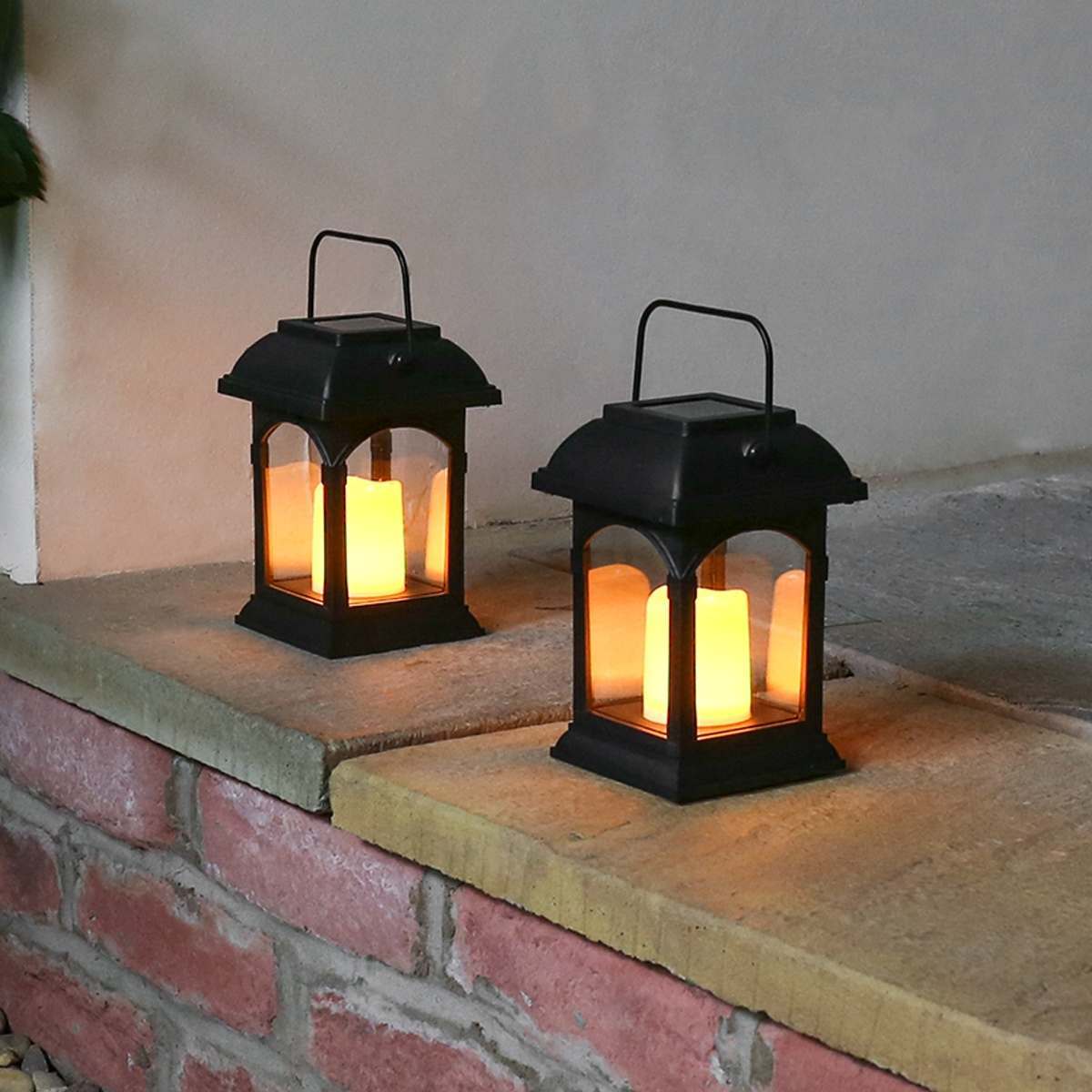 2 Solar Powered Lanterns With Flickering LED Candles 15cm