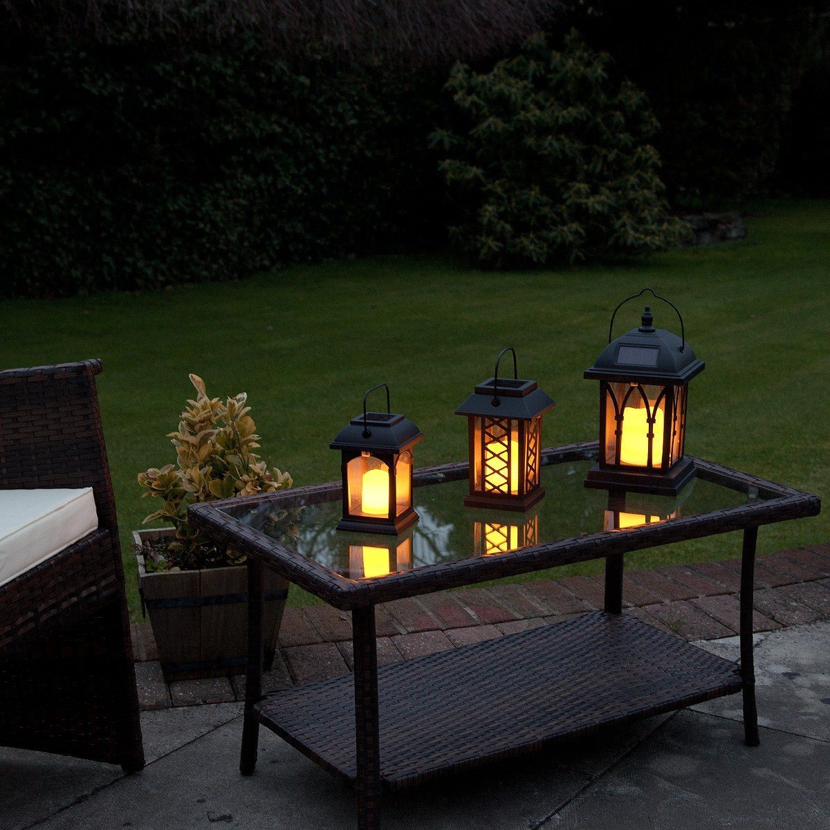 Solar Garden Flickering Candle Lantern, Amber LED, 3 Pack