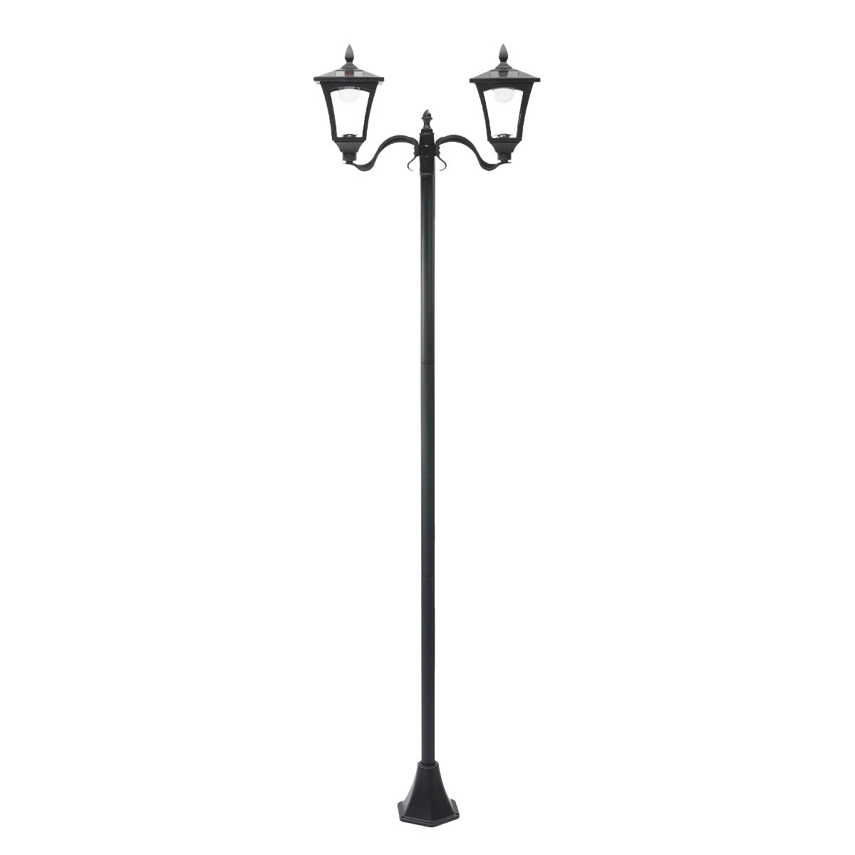 Large Black Twin Head Solar Security Lamp Post, 2.1m