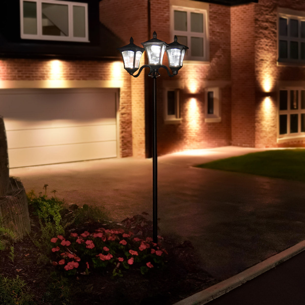 Large Black Triple Head Solar Security Lamp Post, 2.1m