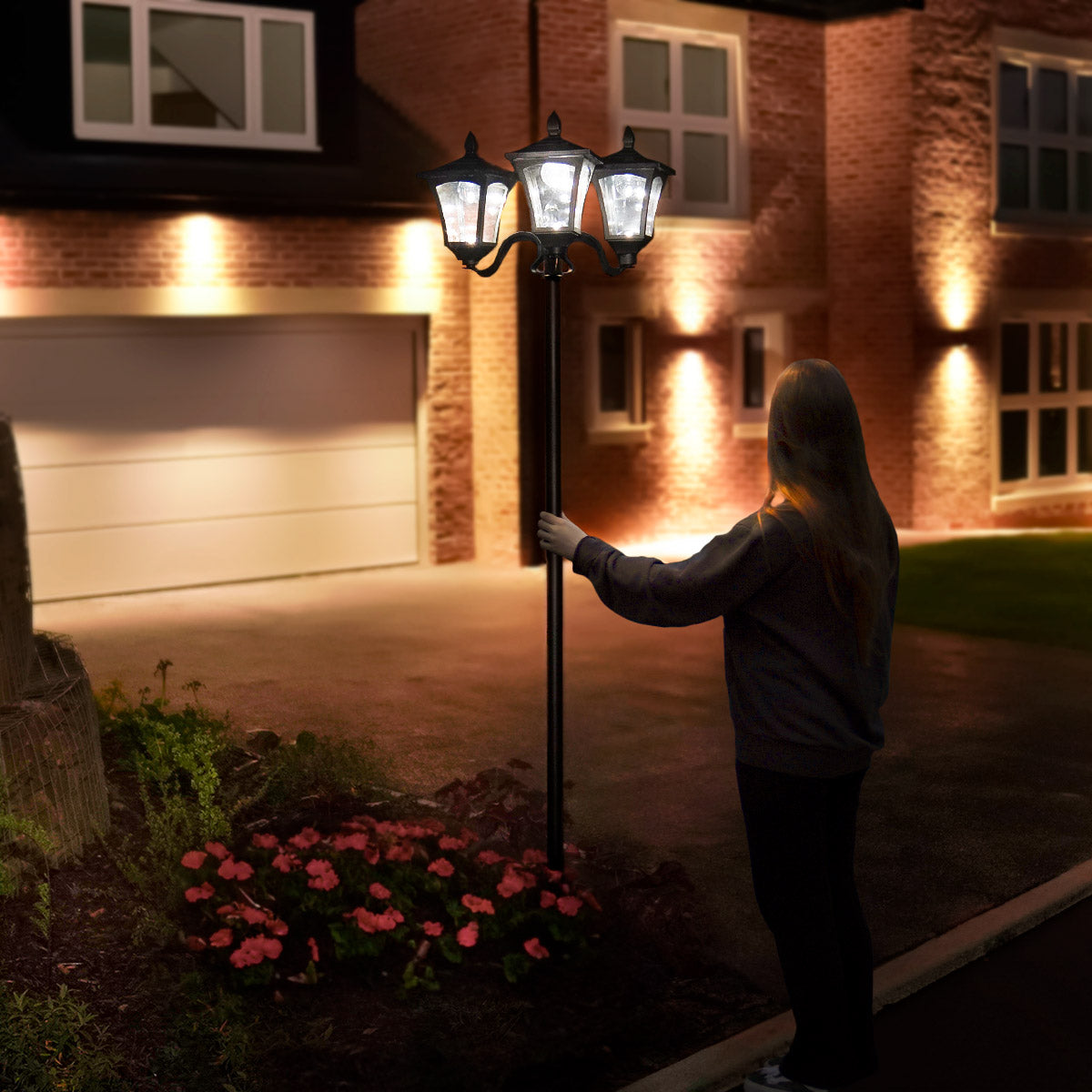 Large Black Triple Head Solar Security Lamp Post, 2.1m