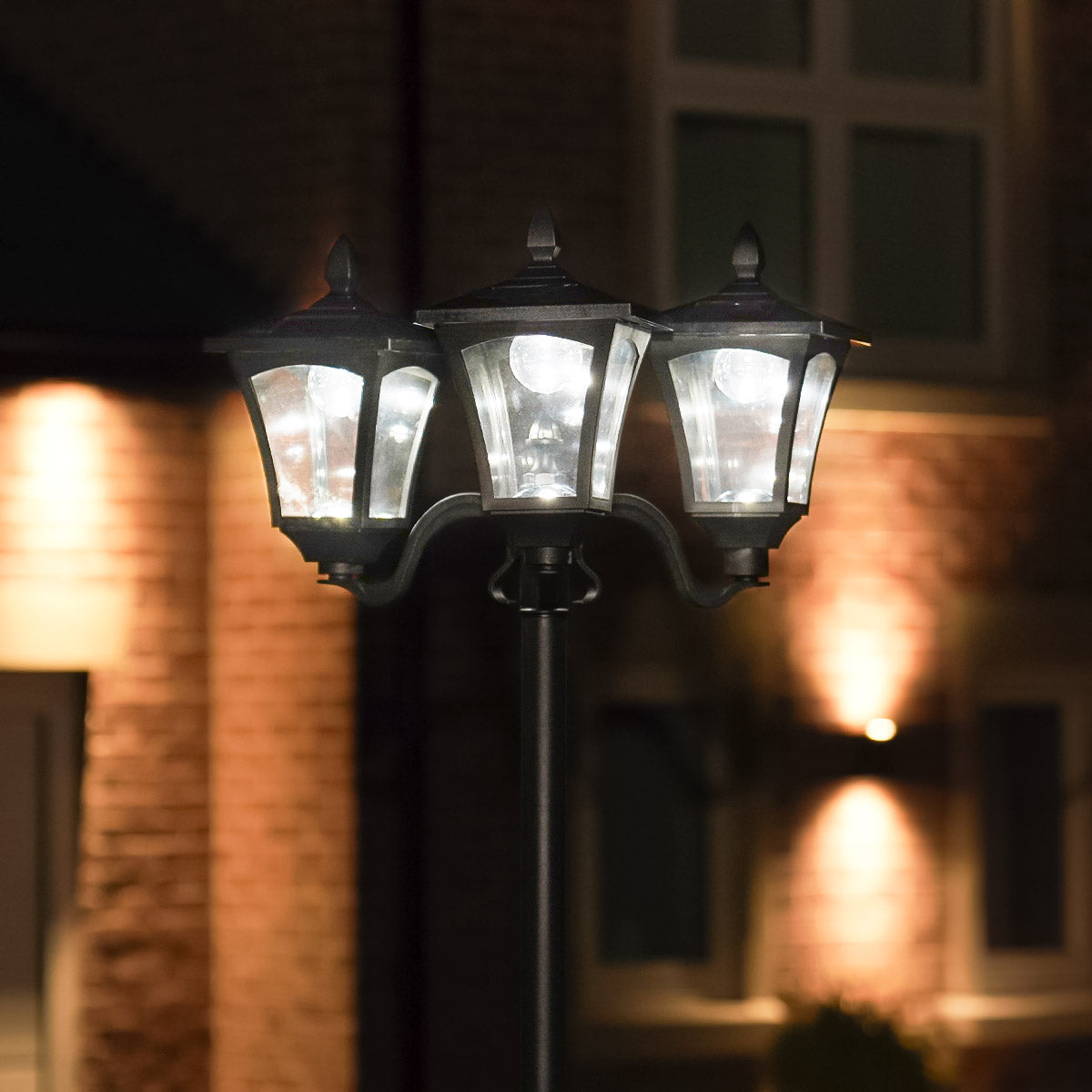 Large Black Triple Head Solar Security Lamp Post, 2.1m