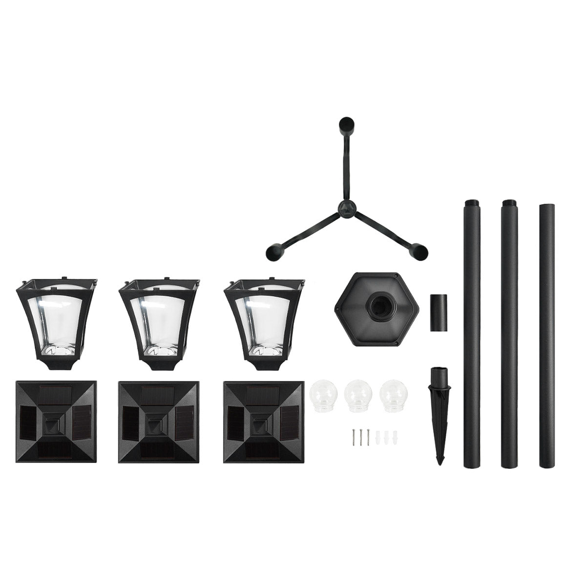 Large Black Triple Head Solar Security Lamp Post, 2.1m