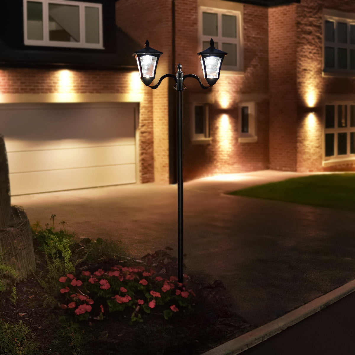 Large Black Twin Head Solar Security Lamp Post, 2.1m