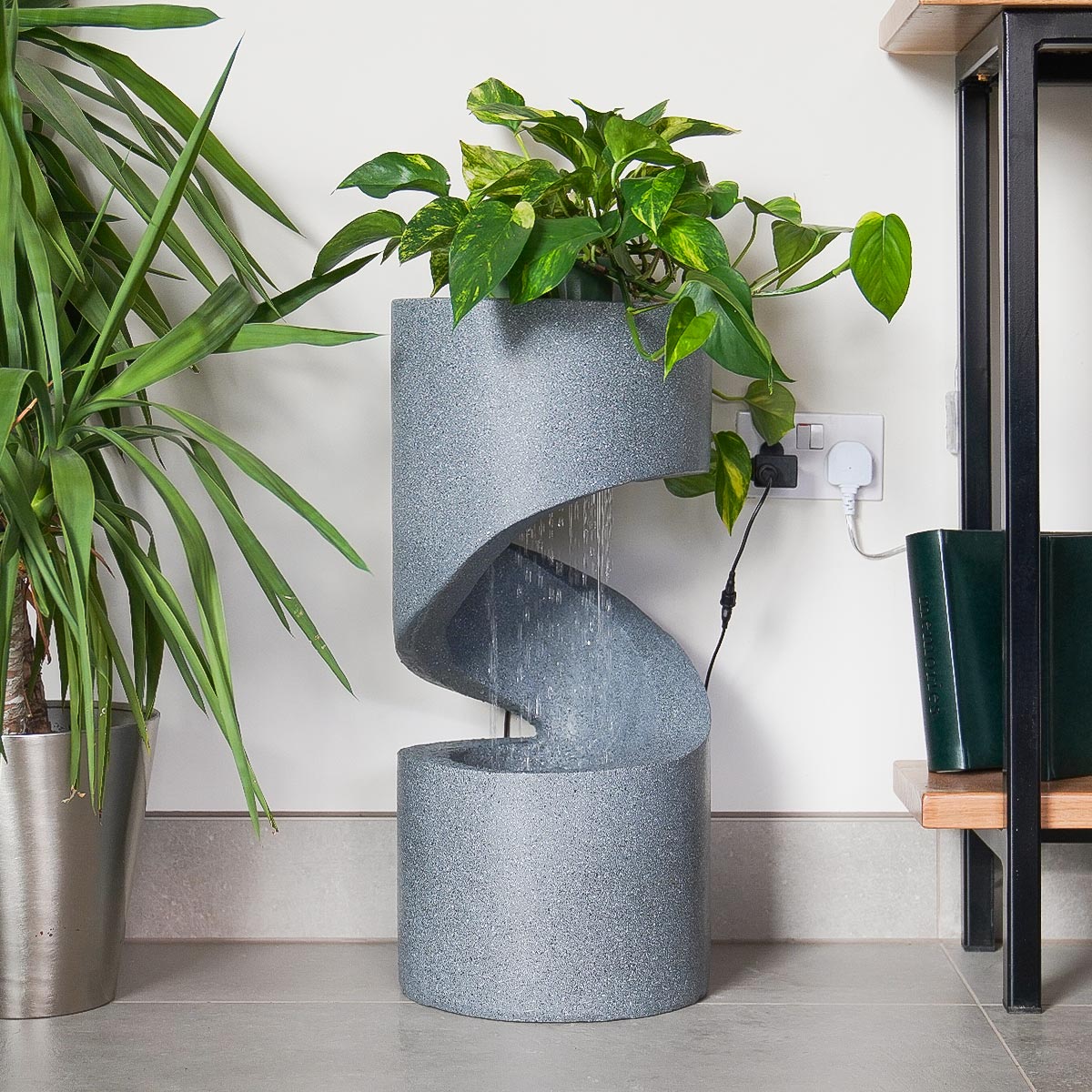 Solar & Plug-in Grey Spiral Rainfall Water Feature with Planter