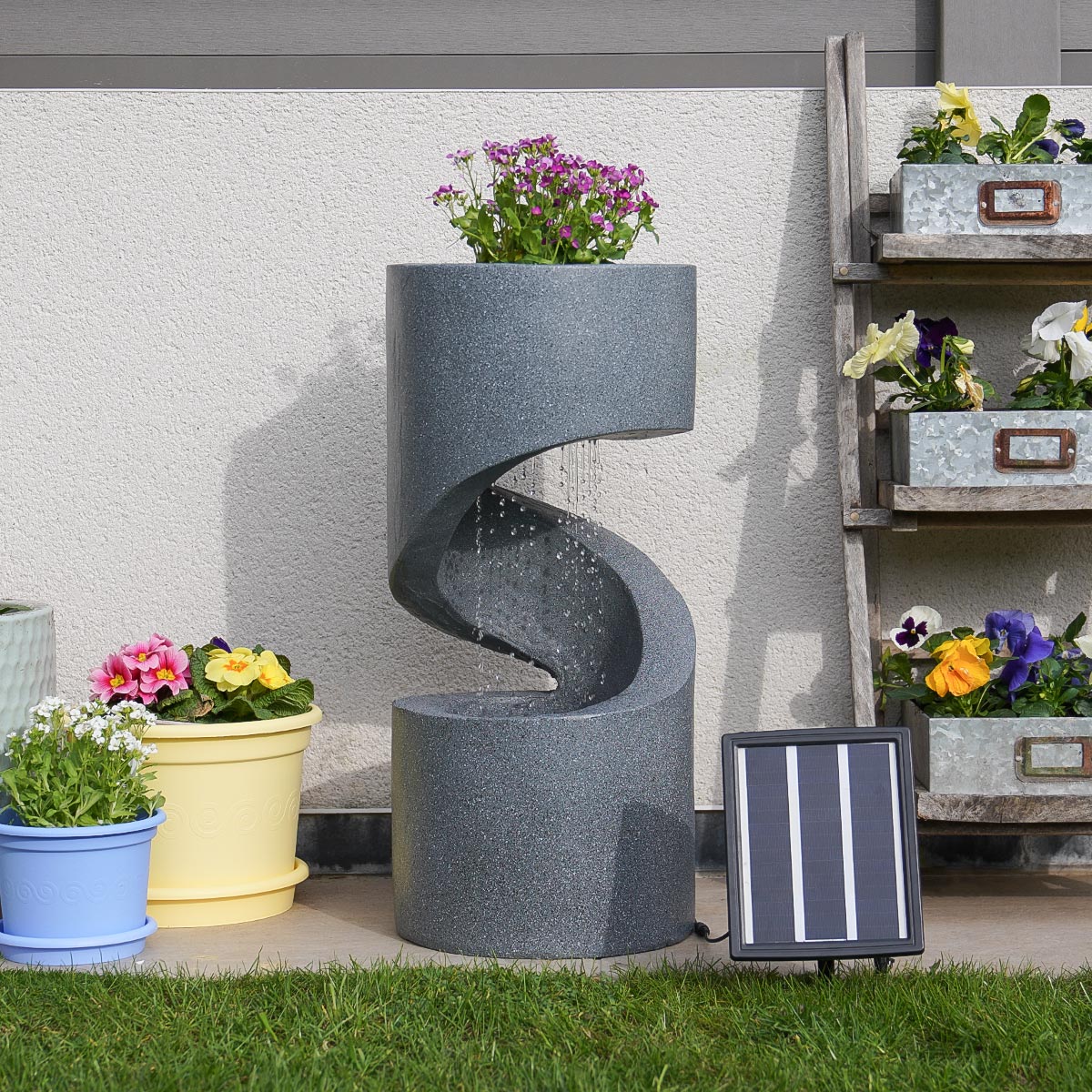 Solar & Plug-in Grey Spiral Rainfall Water Feature with Planter
