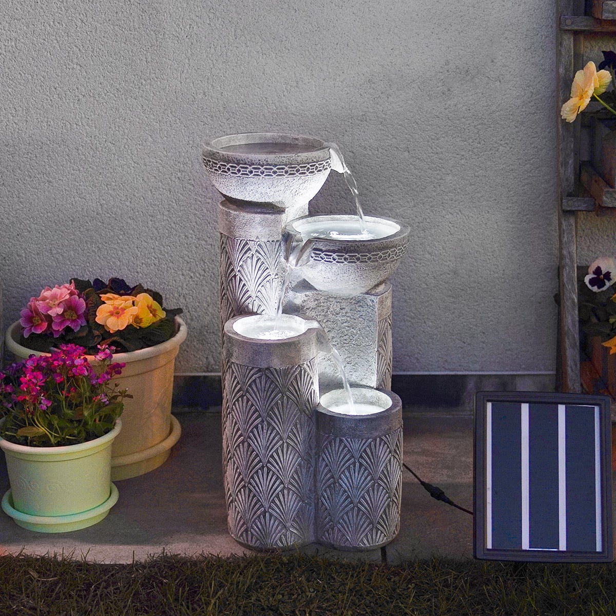 Solar & Plug-in White Seashell Pattern Cascading Bowls Water Feature