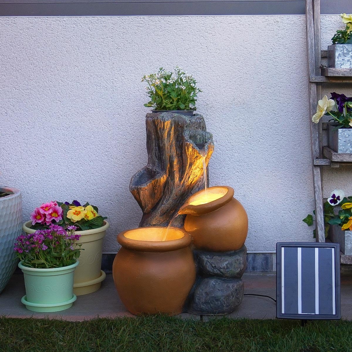 Plug-in & Solar Water Feature Rustic Tree Trunk with Planter 54cm
