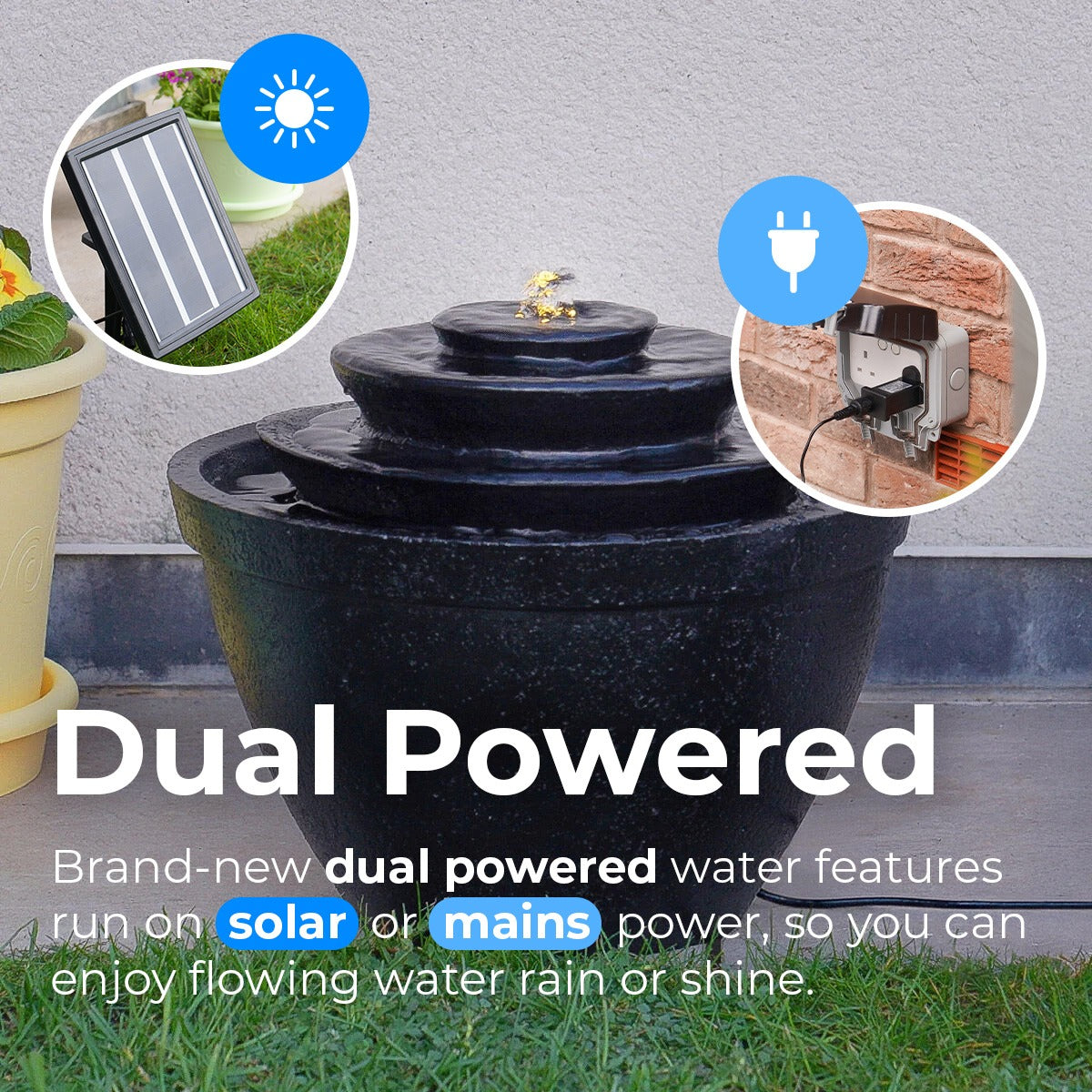 Plug-in & Solar Water Feature Black Cascading Bowl 30cm
