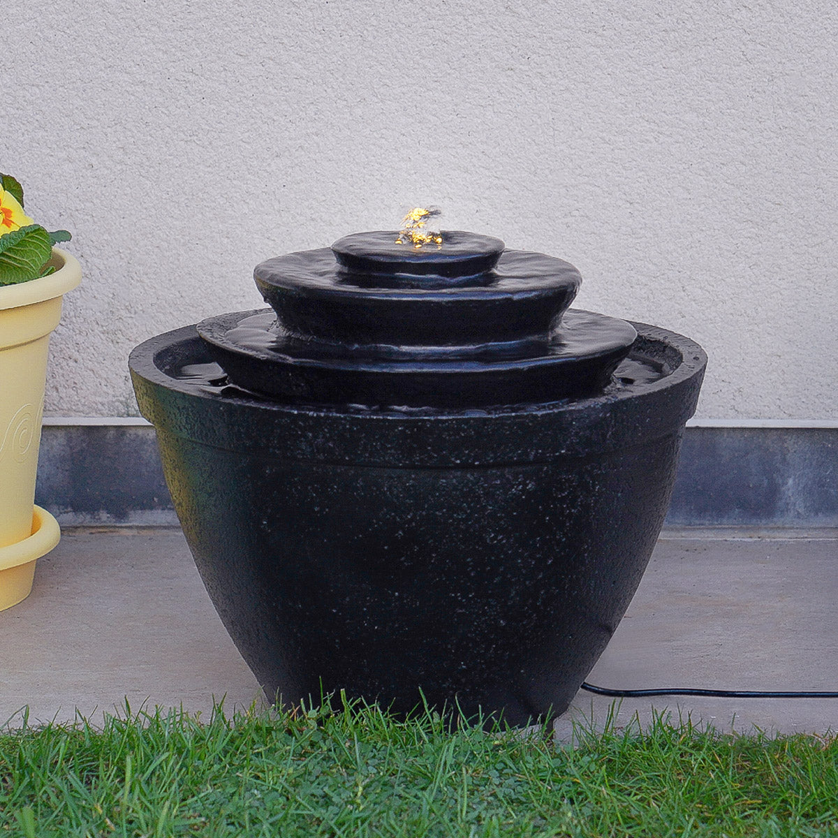 Plug-in & Solar Water Feature Black Cascading Bowl 30cm