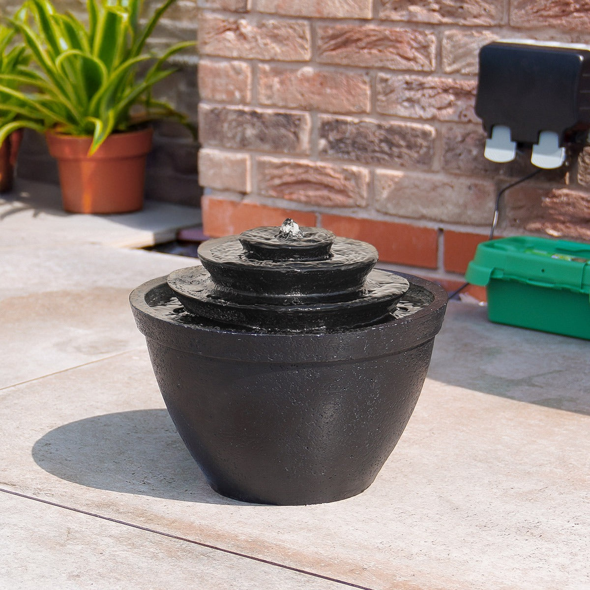 Plug-in & Solar Water Feature Black Cascading Bowl 30cm