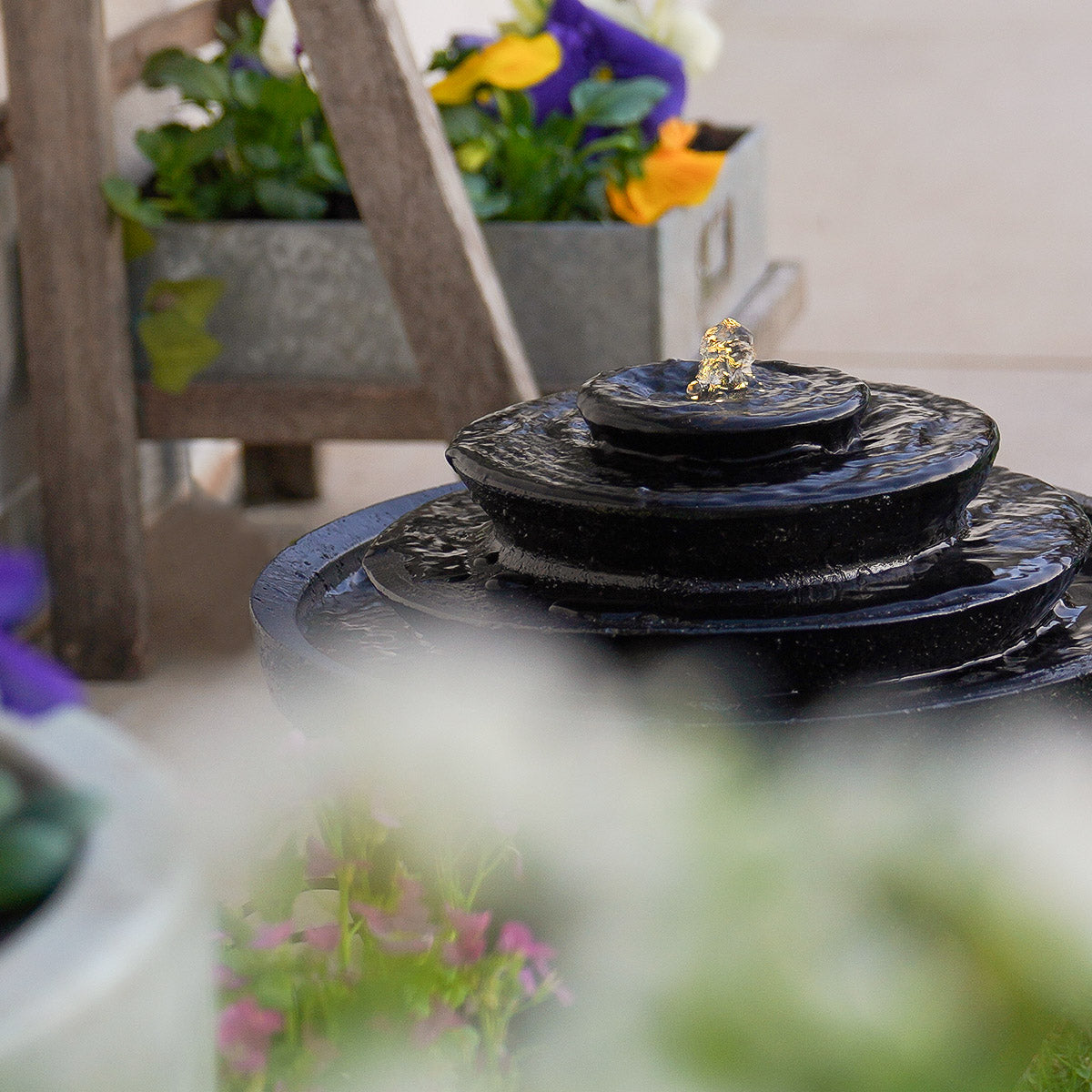 Plug-in & Solar Water Feature Black Cascading Bowl 30cm