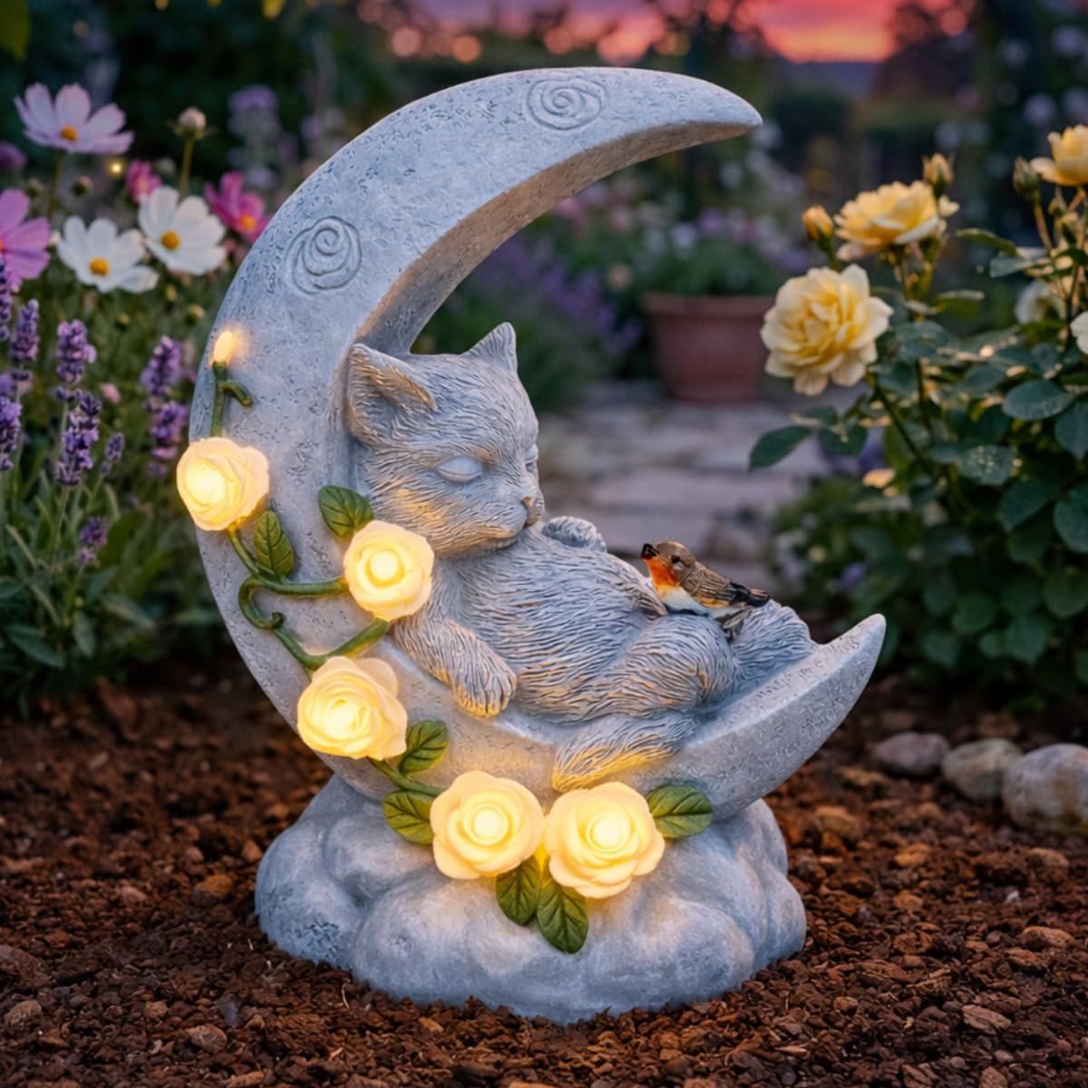 Cat Memorial Stone Effect Solar Light Half Moon