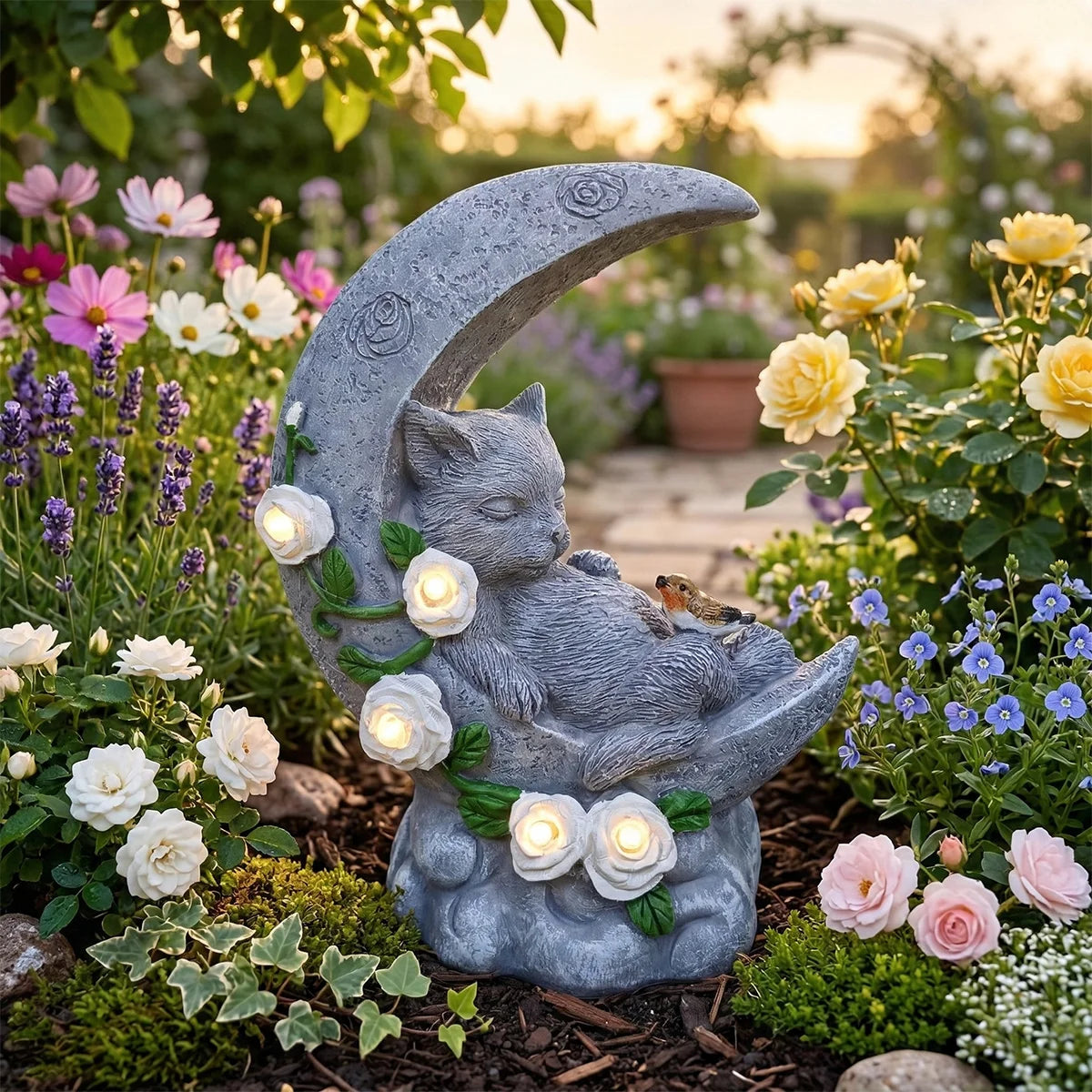 Cat Memorial Stone Effect Solar Light Half Moon
