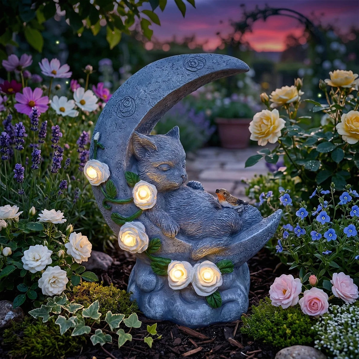 Cat Memorial Stone Effect Solar Light Half Moon