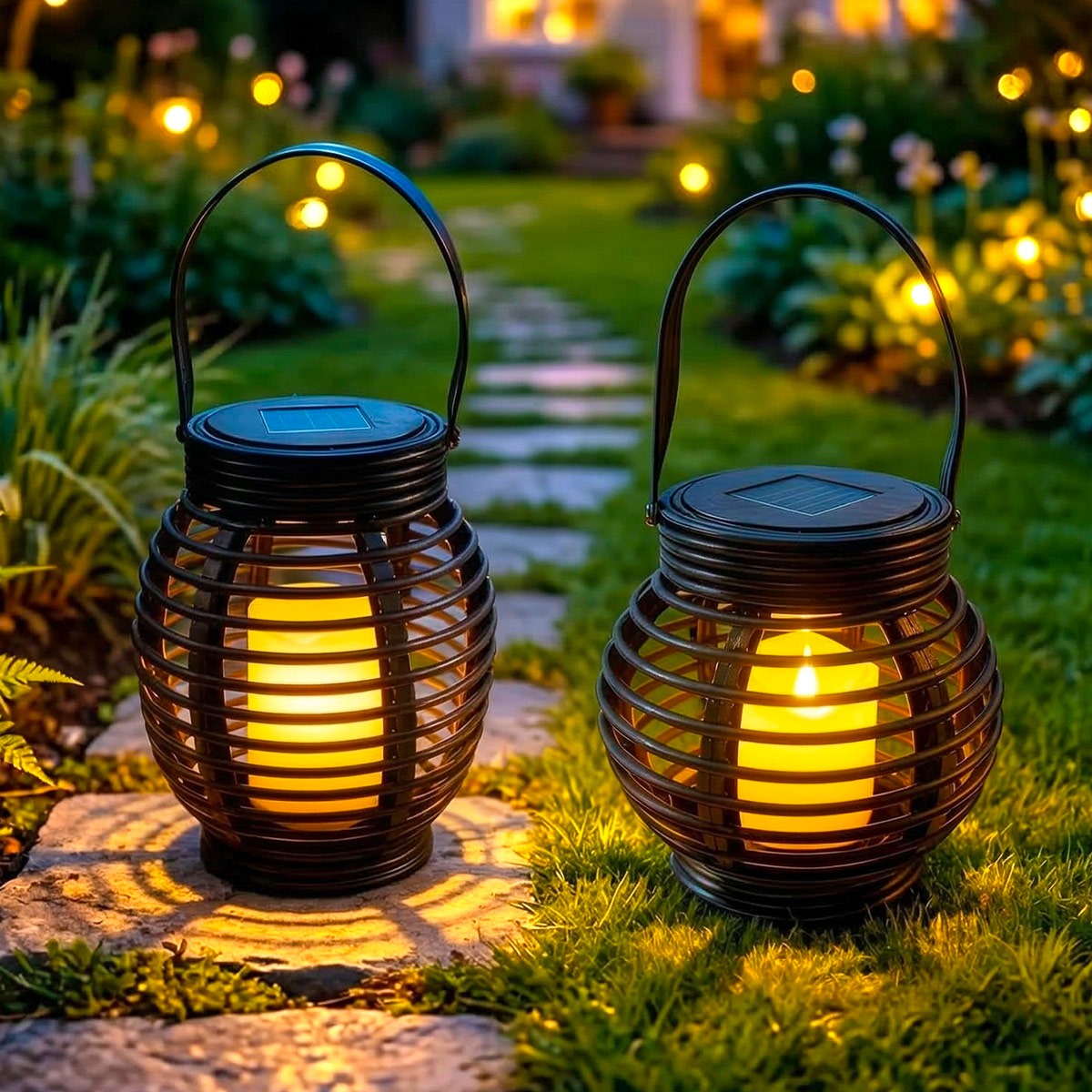 2 Solar Garden Lanterns Rattan Effect Cage