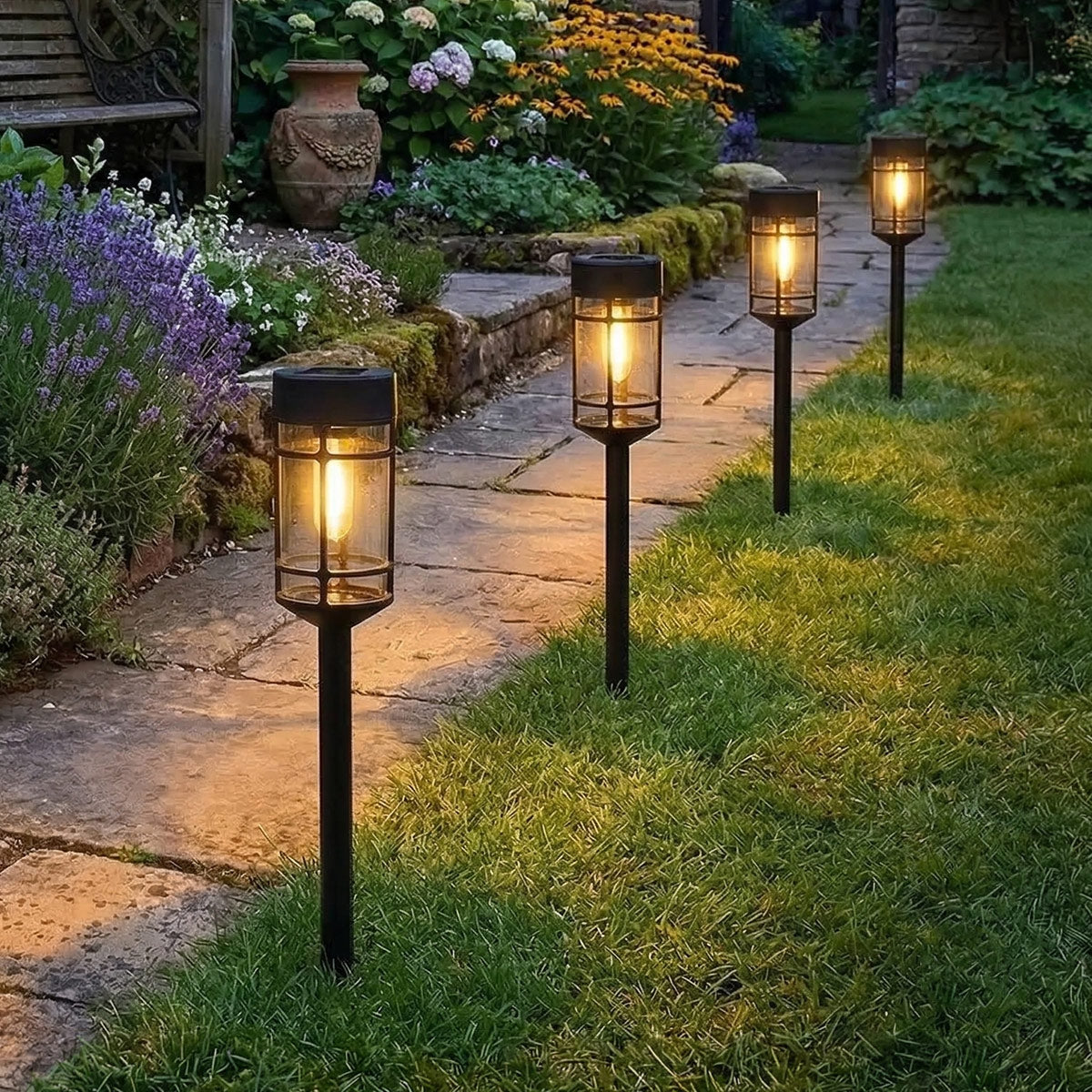 Warm White LED Solar Stake Lights (4-Pack) — 46cm Weatherproof Filament-Effect Garden Pathway Lanterns