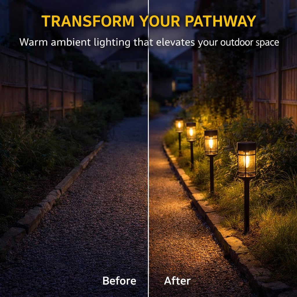 Warm White LED Solar Stake Lights (4-Pack) — 46cm Weatherproof Filament-Effect Garden Pathway Lanterns