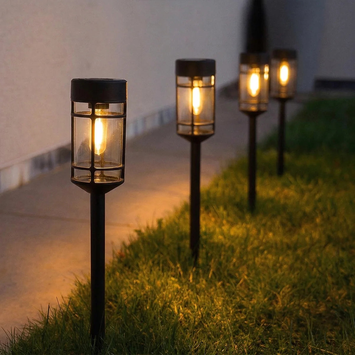 Warm White LED Solar Stake Lights (4-Pack) — 46cm Weatherproof Filament-Effect Garden Pathway Lanterns