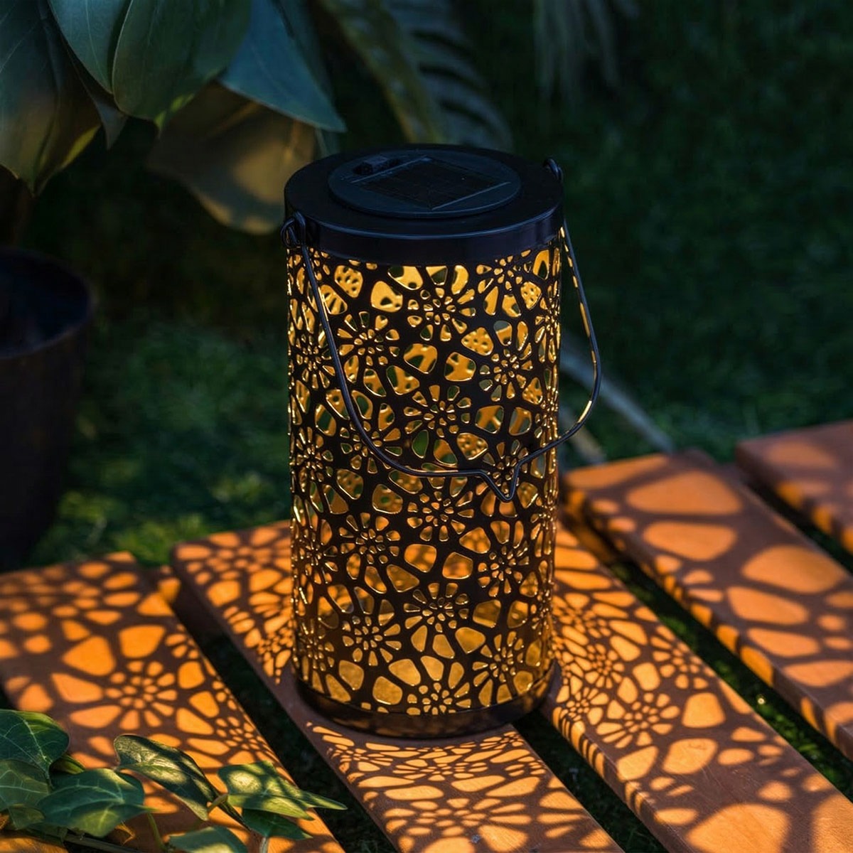 2 x Black Metal Moroccan Solar Lanterns 20cm