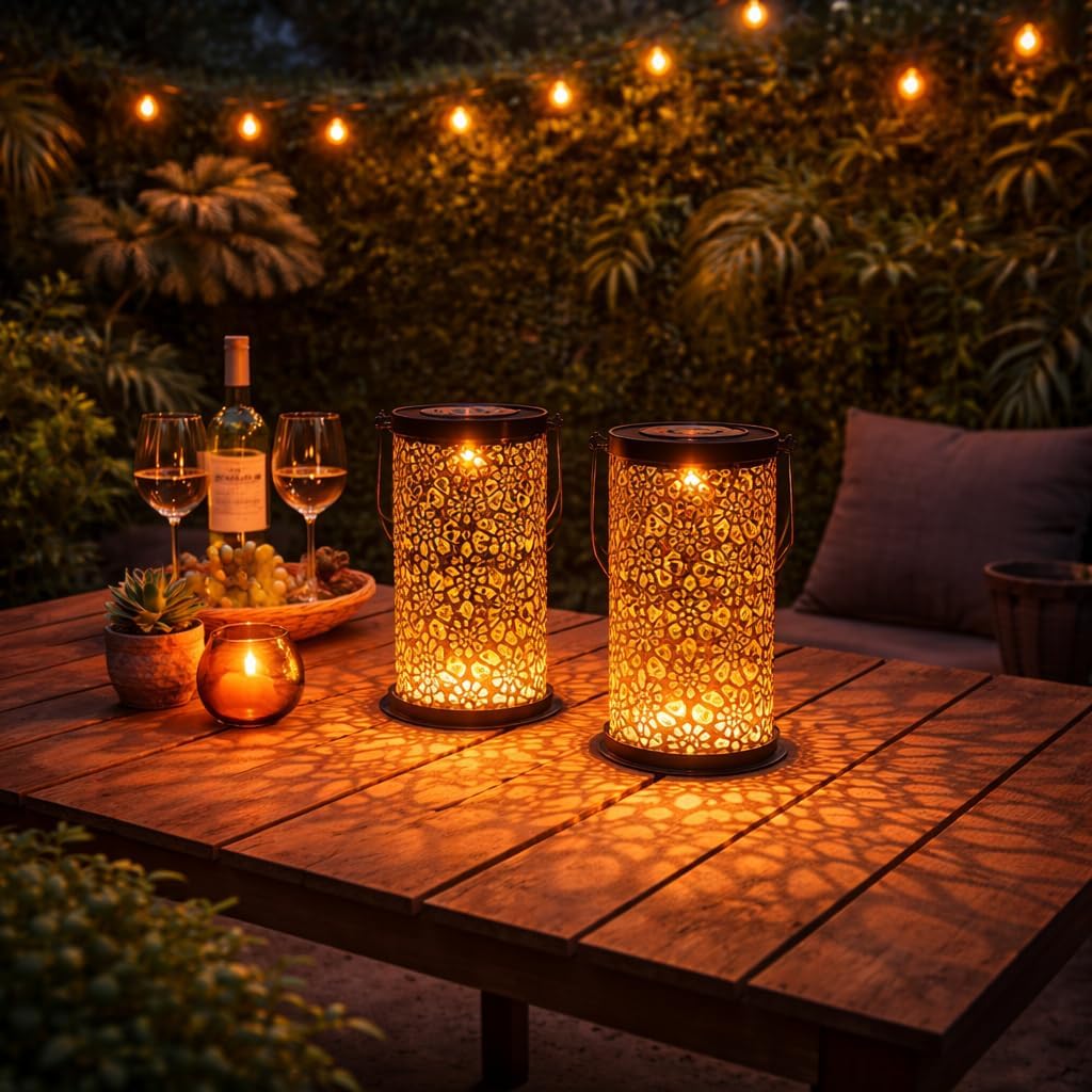 2 x Black Metal Moroccan Solar Lanterns 20cm
