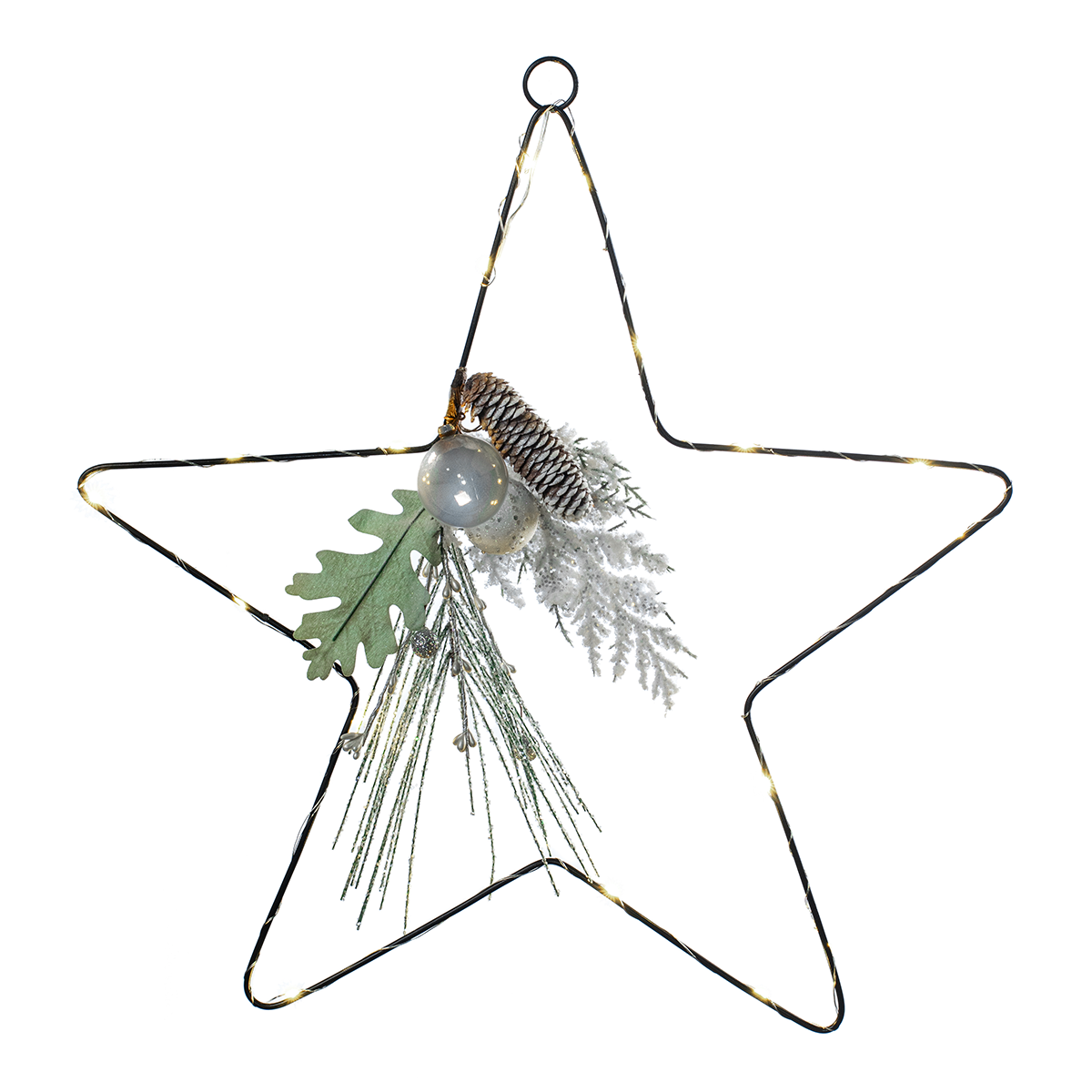 50cm Battery Hanging Star Light with Silver Berries & Pinecones